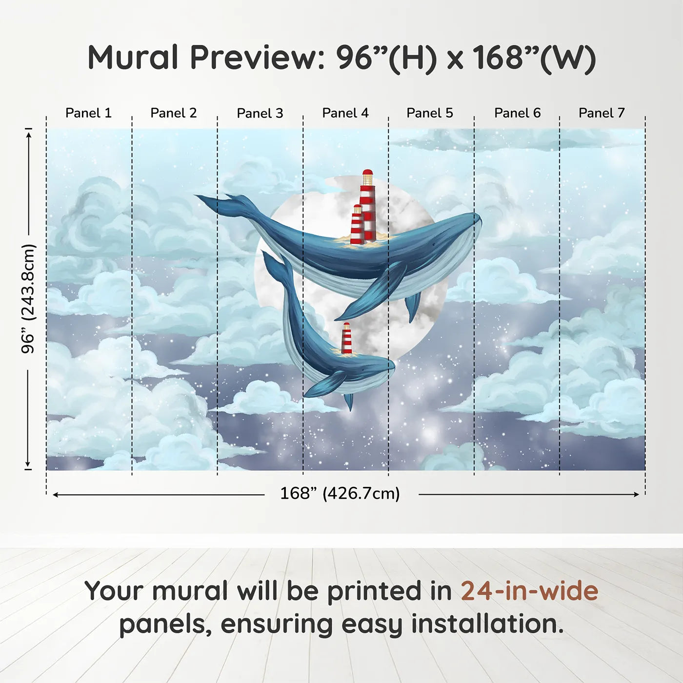 Whimsy Tots Flying Lighthouse Whales Wall Muraldimension view (96" H x 168" W). Printed in seven 24-inch-wide panels. Gender-Neutral