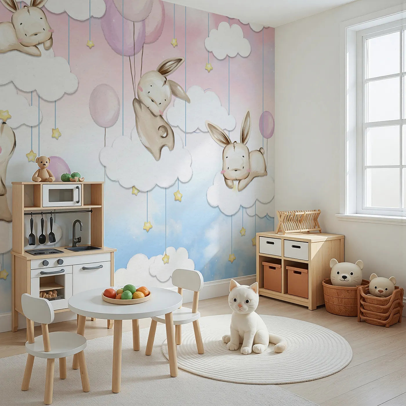 Angled view of Whimsy Tots' Bunny Cloud Dreams Wall Mural (Turn Their Room into the Sweetest, Fluffiest Dreamland).Best for Girls