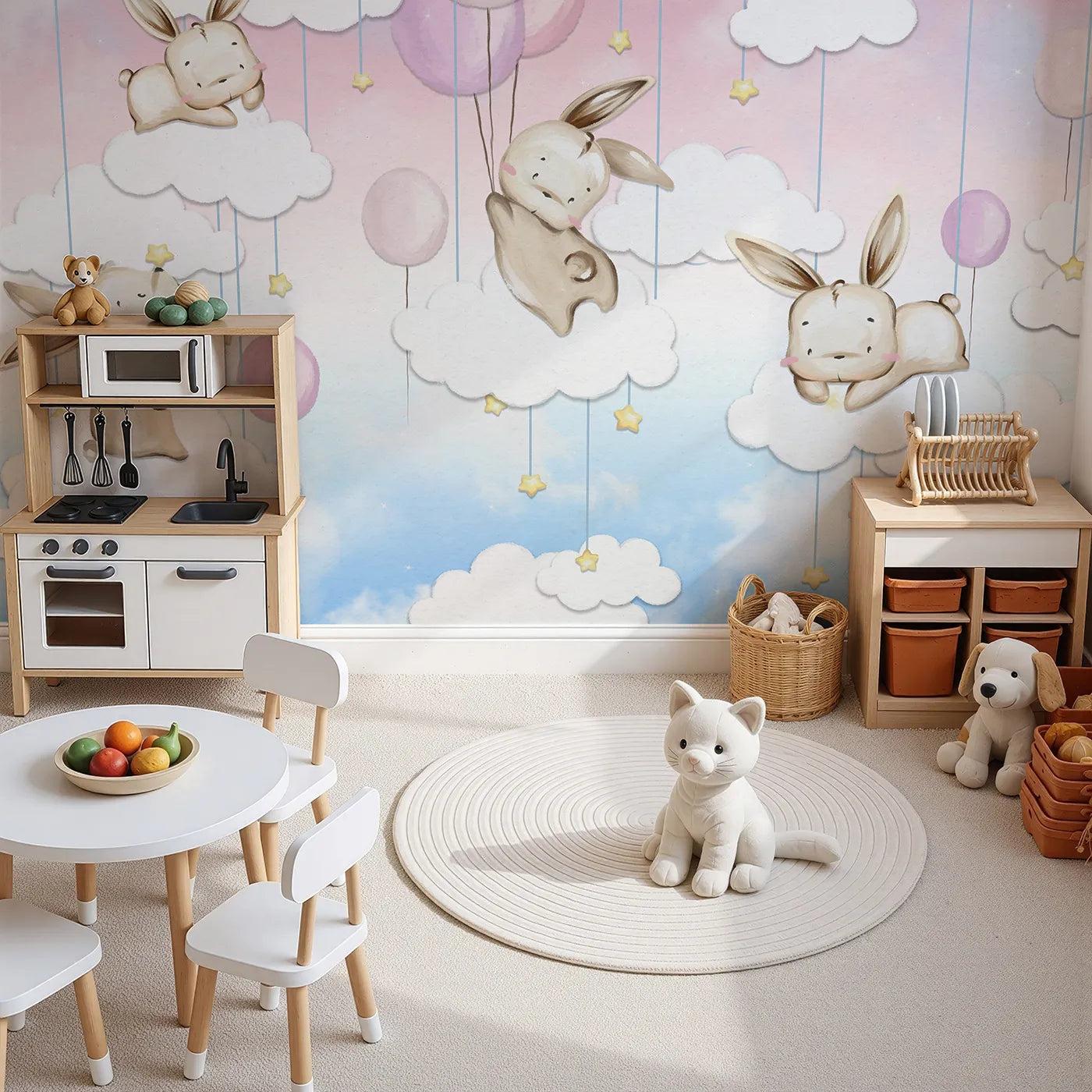 Top-down view of Whimsy Tots' Bunny Cloud Dreams Wall Mural (Turn Their Room into the Sweetest, Fluffiest Dreamland).Best for Girls