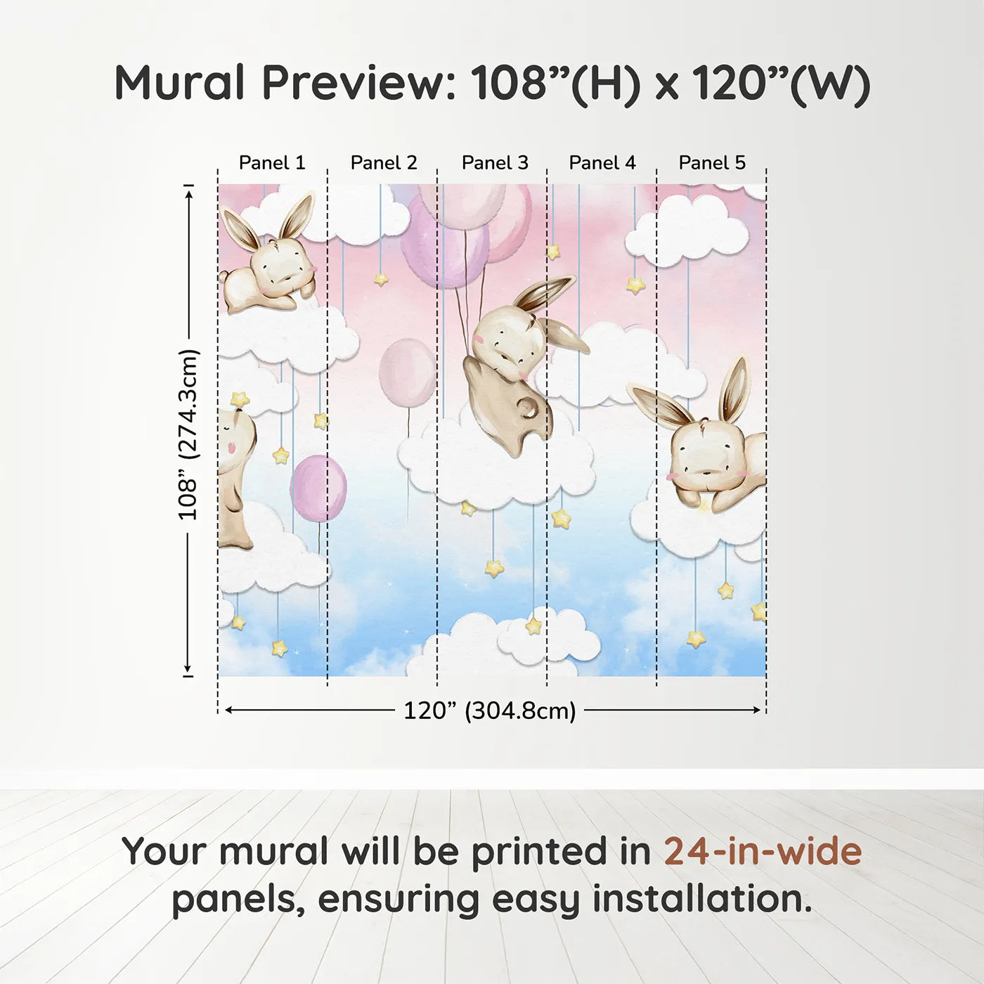 Whimsy Tots Bunny Cloud Dreams Wall Muraldimension view (108" H x 120" W). Printed in five 24-inch-wide panels. Best for Girls