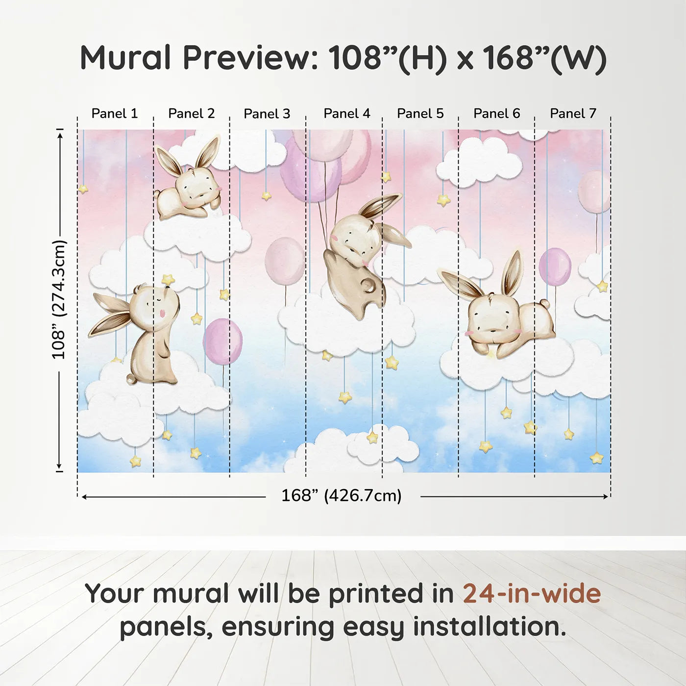 Whimsy Tots Bunny Cloud Dreams Wall Muraldimension view (108" H x 168" W). Printed in seven 24-inch-wide panels. Best for Girls
