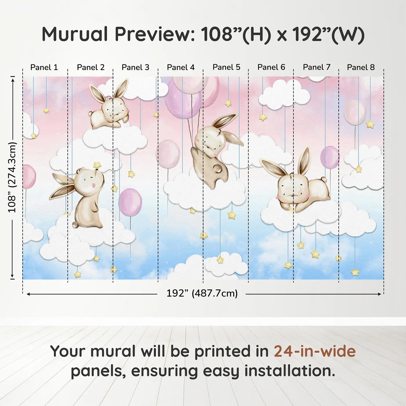 Whimsy Tots Bunny Cloud Dreams Wall Muraldimension view (108" H x 192" W). Printed in eight 24-inch-wide panels. Best for Girls