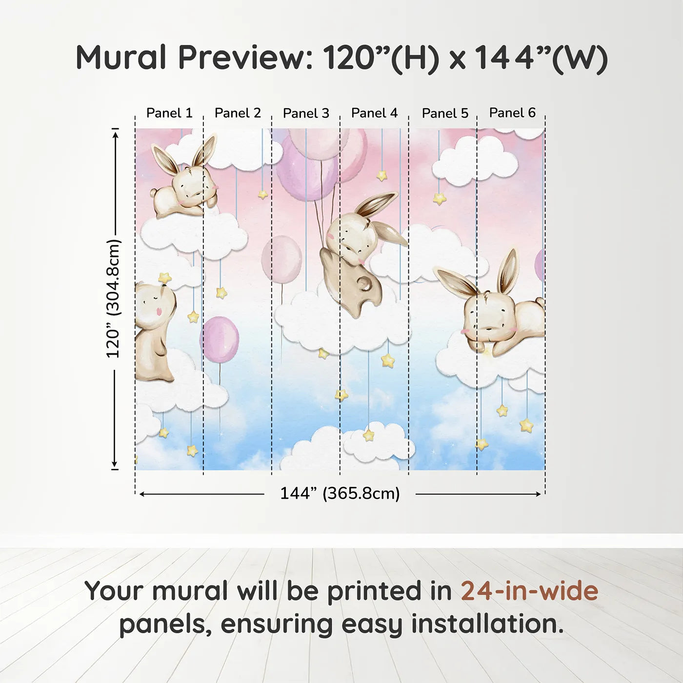 Whimsy Tots Bunny Cloud Dreams Wall Muraldimension view (120" H x 144" W). Printed in six 24-inch-wide panels. Best for Girls