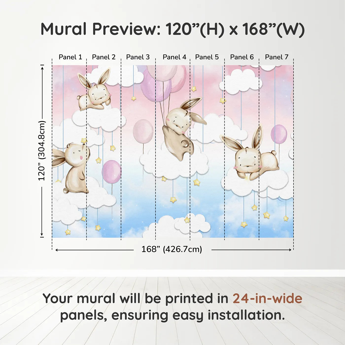 Whimsy Tots Bunny Cloud Dreams Wall Muraldimension view (120" H x 168" W). Printed in seven 24-inch-wide panels. Best for Girls
