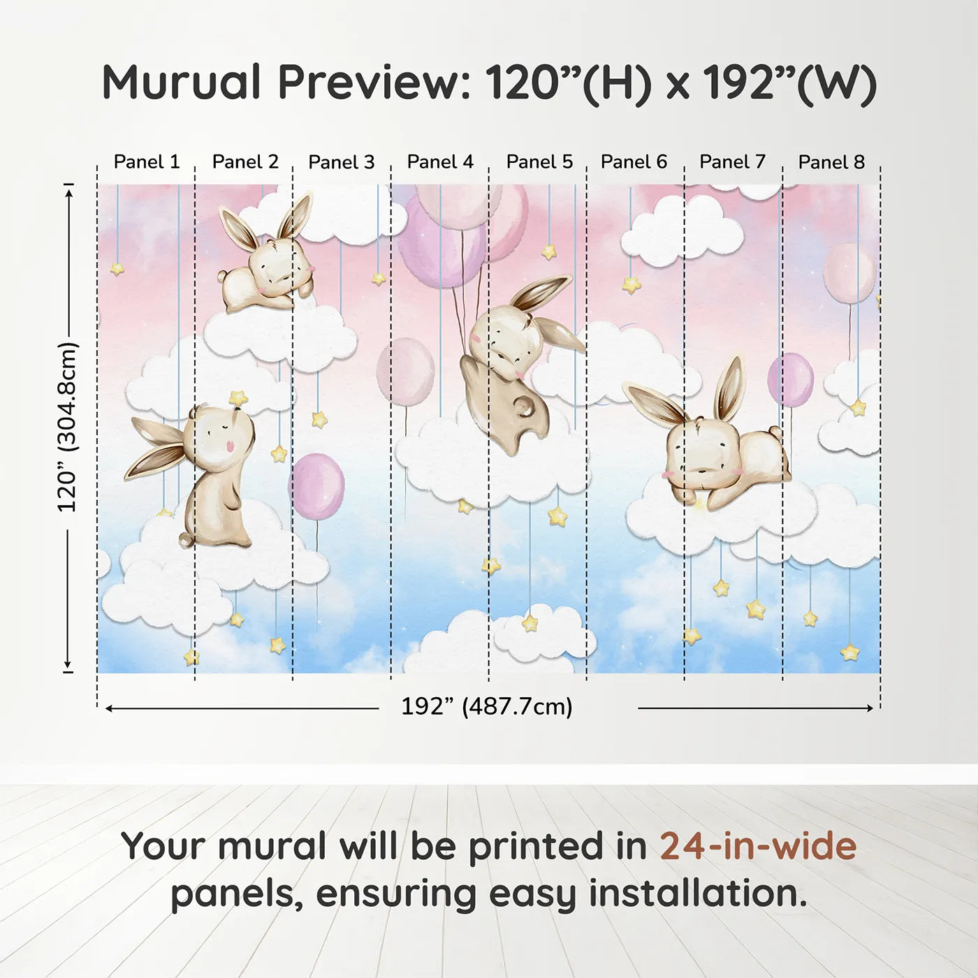 Whimsy Tots Bunny Cloud Dreams Wall Muraldimension view (120" H x 192" W). Printed in eight 24-inch-wide panels. Best for Girls