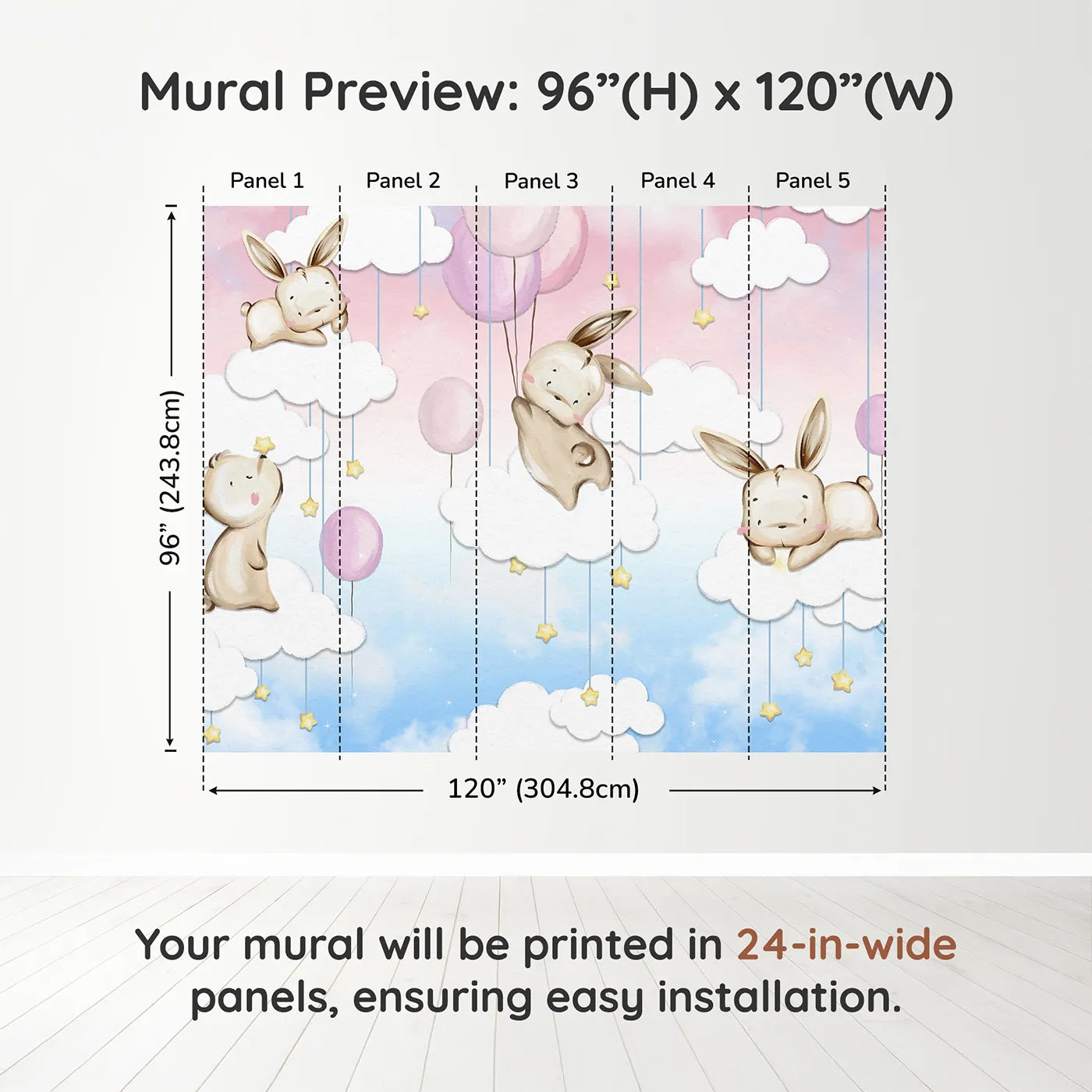 Whimsy Tots Bunny Cloud Dreams Wall Muraldimension view (96" H x 120" W). Printed in five 24-inch-wide panels. Best for Girls