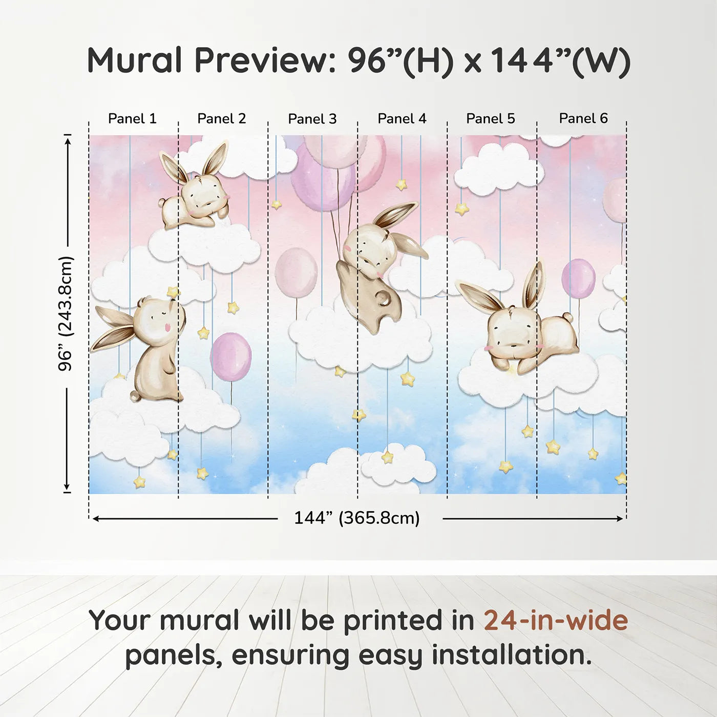 Whimsy Tots Bunny Cloud Dreams Wall Muraldimension view (96" H x 144" W). Printed in six 24-inch-wide panels. Best for Girls