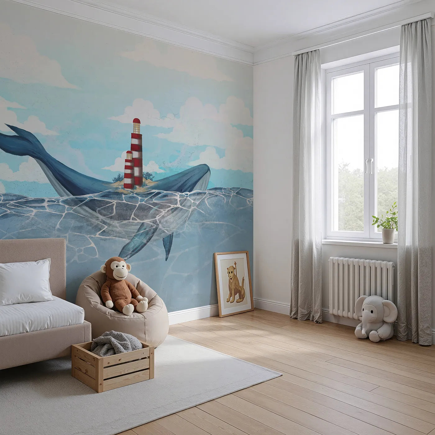 Angled view of Whimsy Tots' Whale Island Lighthouse Wall Mural (Turn Their Room into a Whimsical Seaside Story).Gender-Neutral