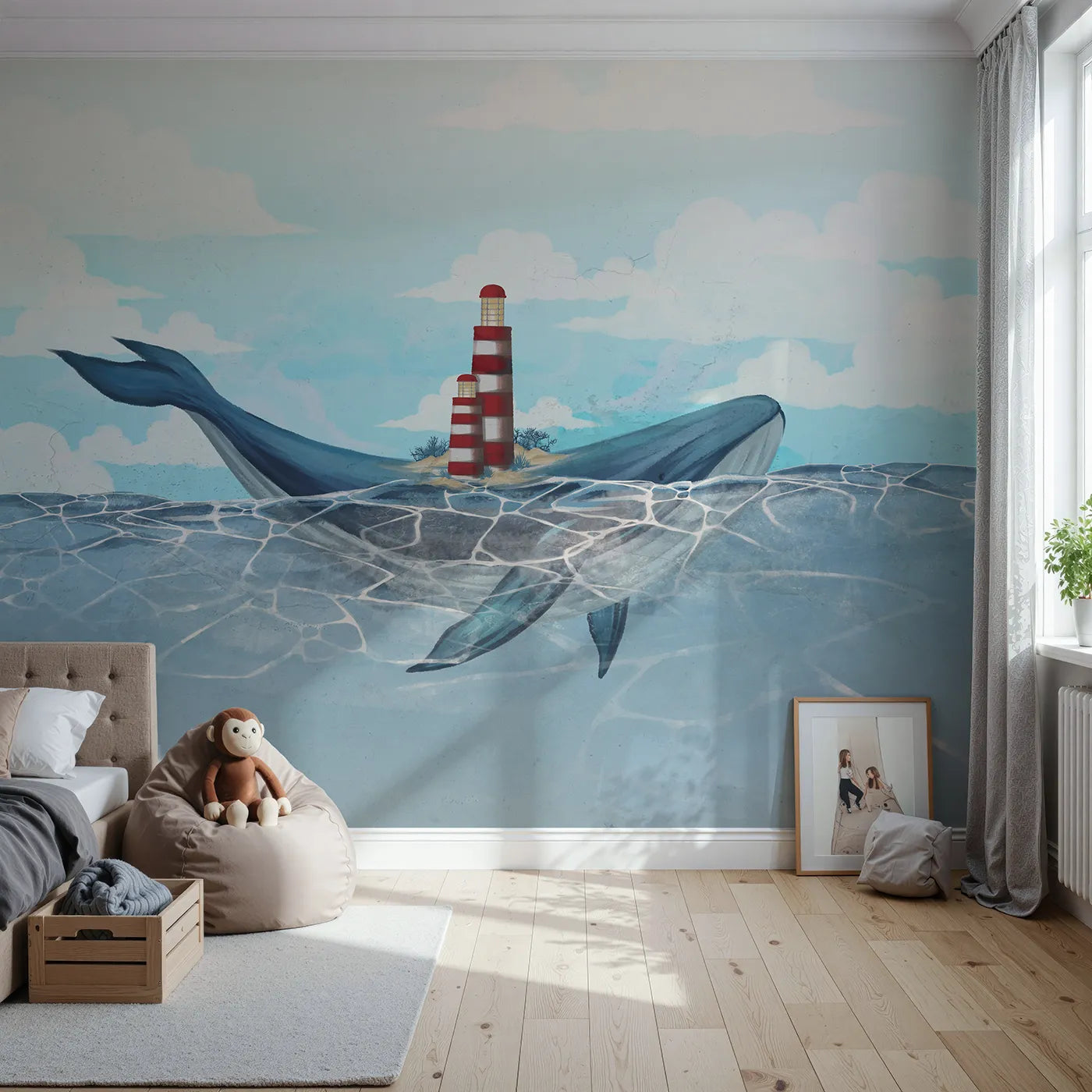 Front view of Whimsy Tots' Whale Island Lighthouse Wall Mural