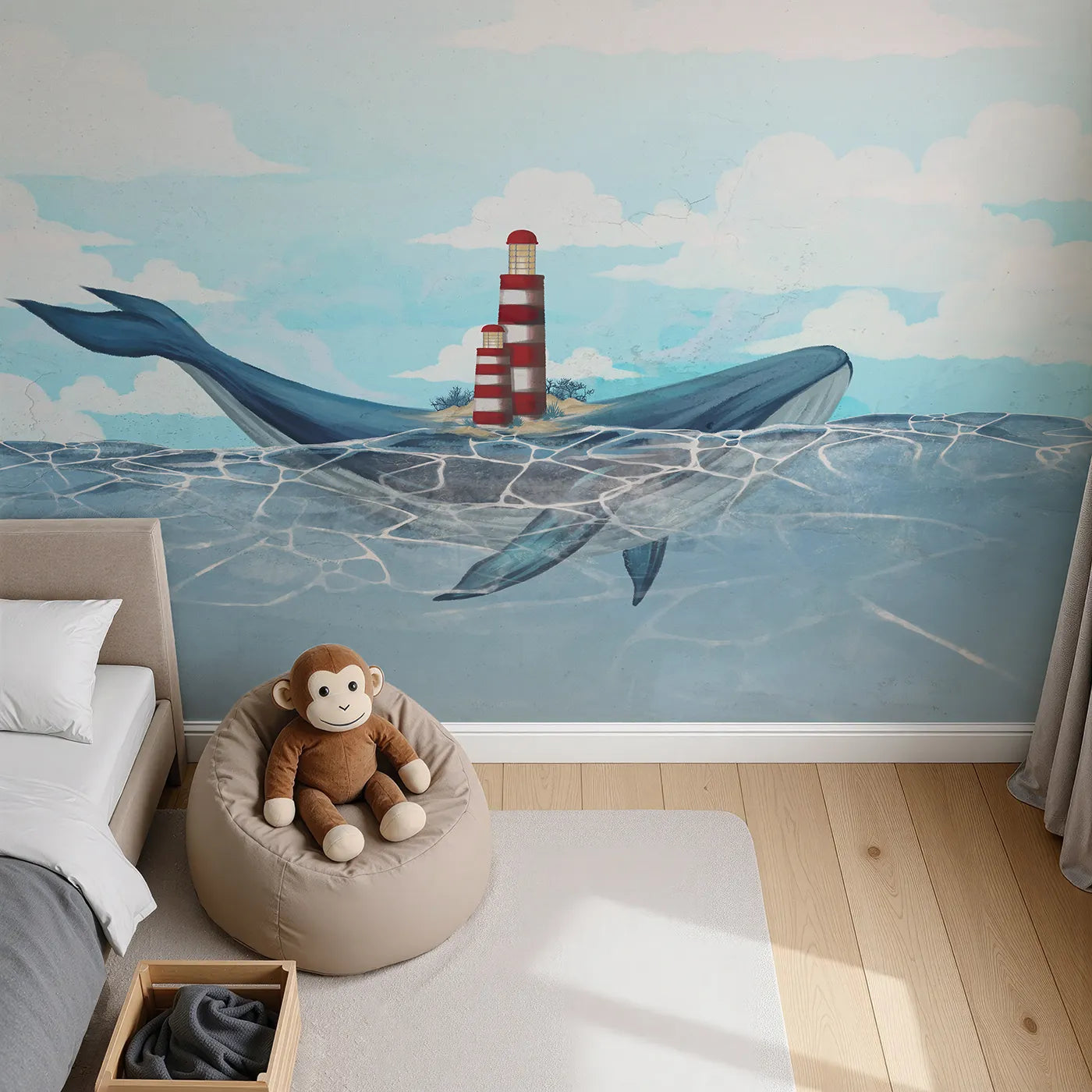 Top-down view of Whimsy Tots' Whale Island Lighthouse Wall Mural (Turn Their Room into a Whimsical Seaside Story).Gender-Neutral