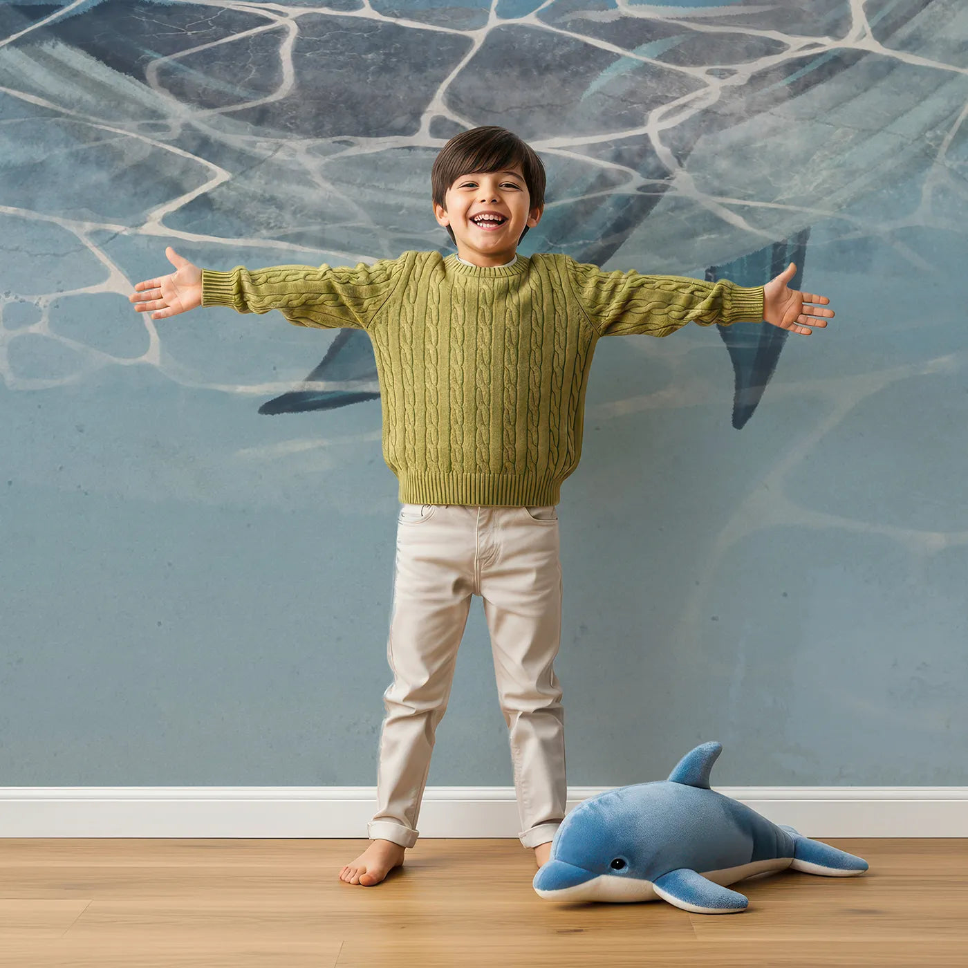 Child in front of Whimsy Tots Whale Island Lighthouse Wall Mural with whale, lighthouse, island, sea, ocean, surreal, fantasy, whimsical in design.
