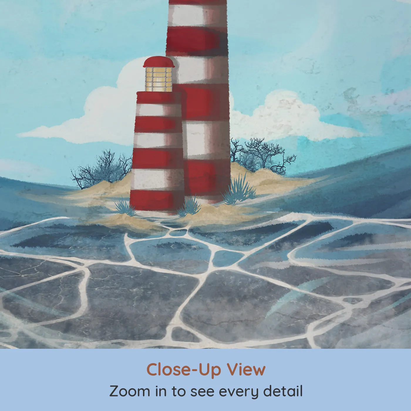 Close-up view of Whimsy Tots' Whale Island Lighthouse Wall Mural (Turn Their Room into a Whimsical Seaside Story).Gender-Neutral