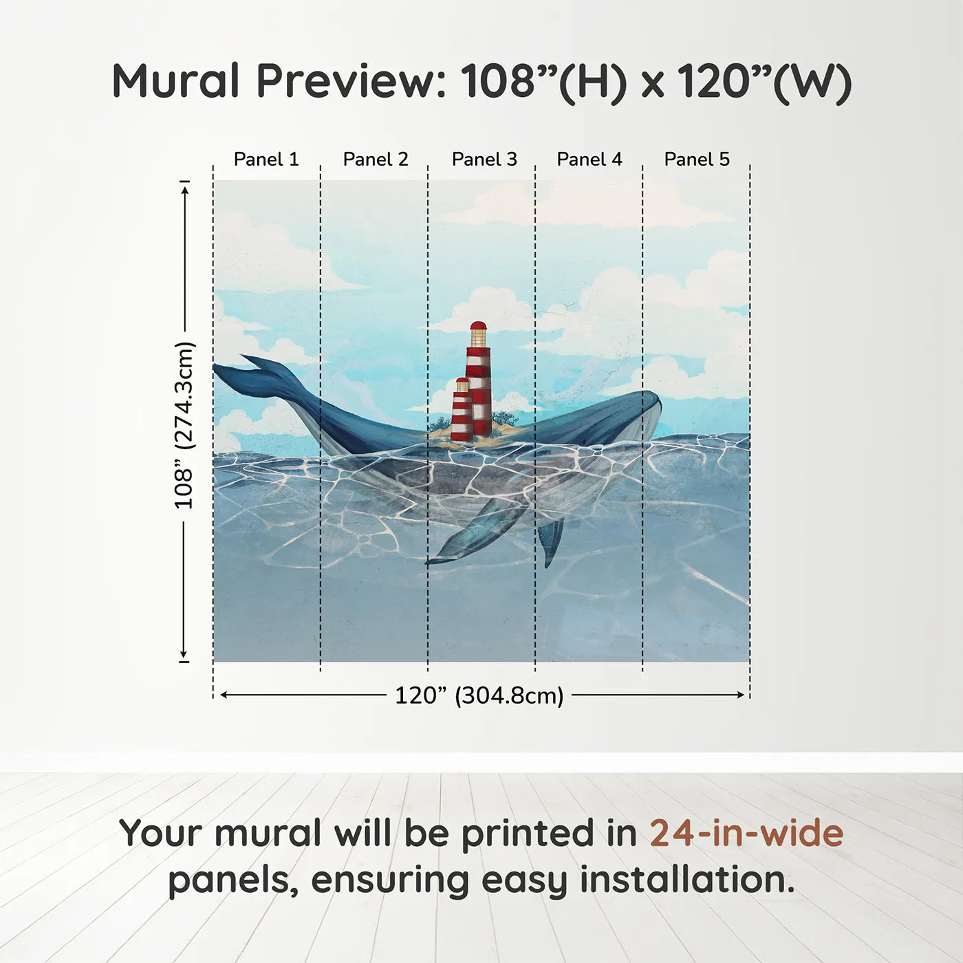 Whimsy Tots Whale Island Lighthouse Wall Muraldimension view (108" H x 120" W). Printed in five 24-inch-wide panels. Gender-Neutral