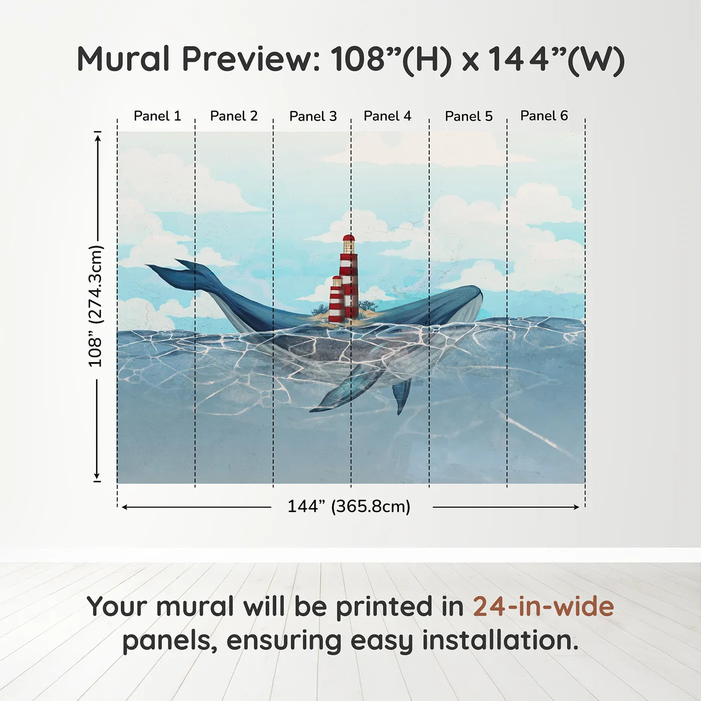 Whimsy Tots Whale Island Lighthouse Wall Muraldimension view (108" H x 144" W). Printed in six 24-inch-wide panels. Gender-Neutral