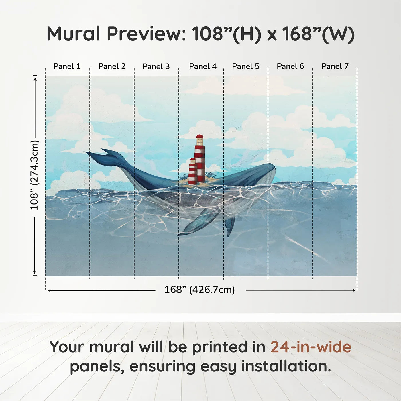 Whimsy Tots Whale Island Lighthouse Wall Muraldimension view (108" H x 168" W). Printed in seven 24-inch-wide panels. Gender-Neutral