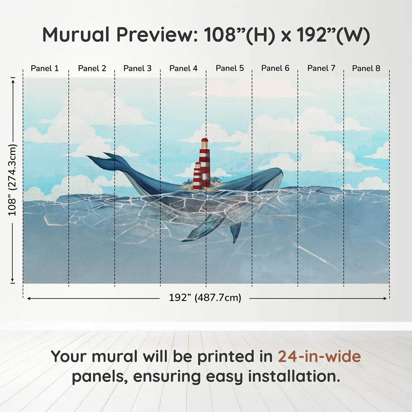 Whimsy Tots Whale Island Lighthouse Wall Muraldimension view (108" H x 192" W). Printed in eight 24-inch-wide panels. Gender-Neutral