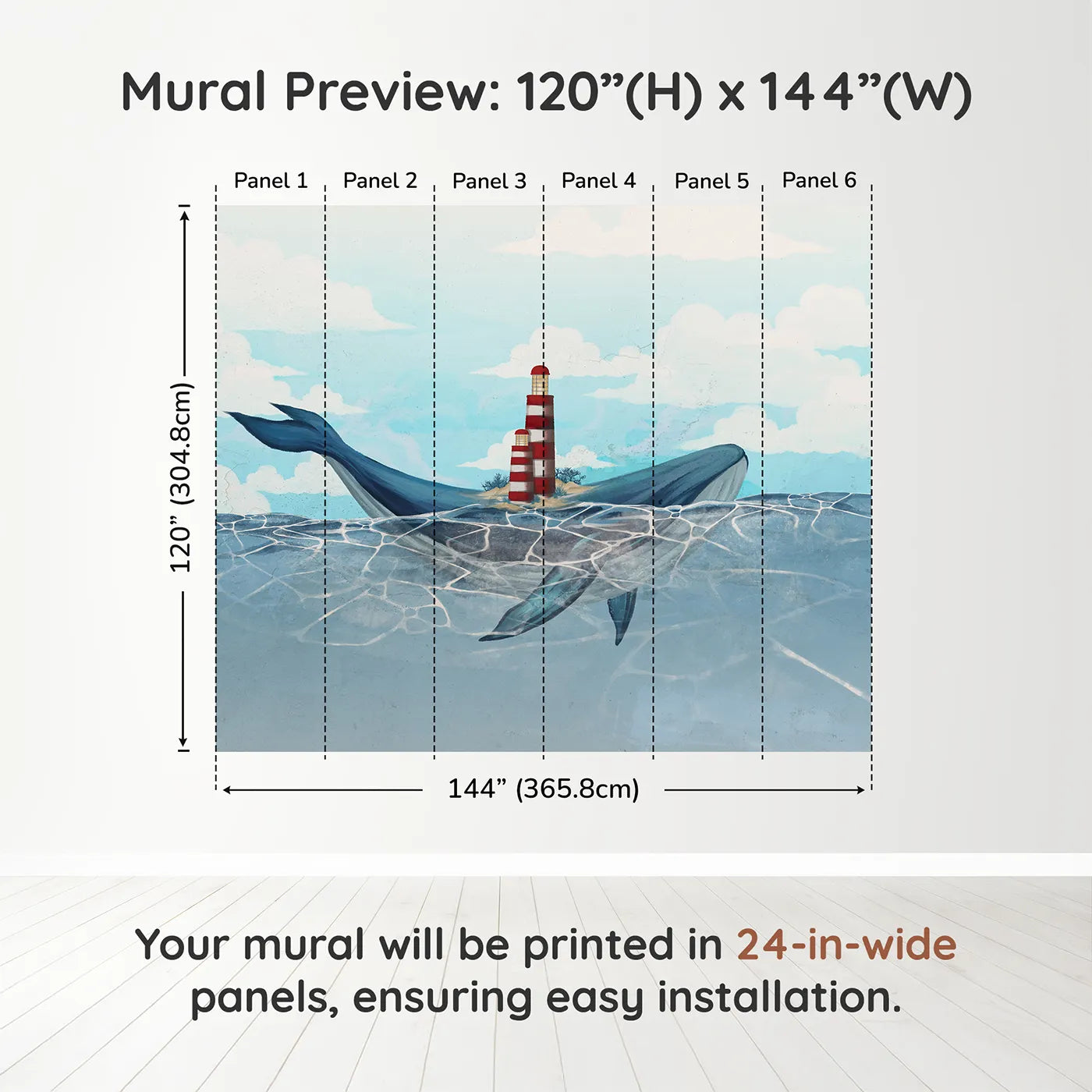 Whimsy Tots Whale Island Lighthouse Wall Muraldimension view (120" H x 144" W). Printed in six 24-inch-wide panels. Gender-Neutral