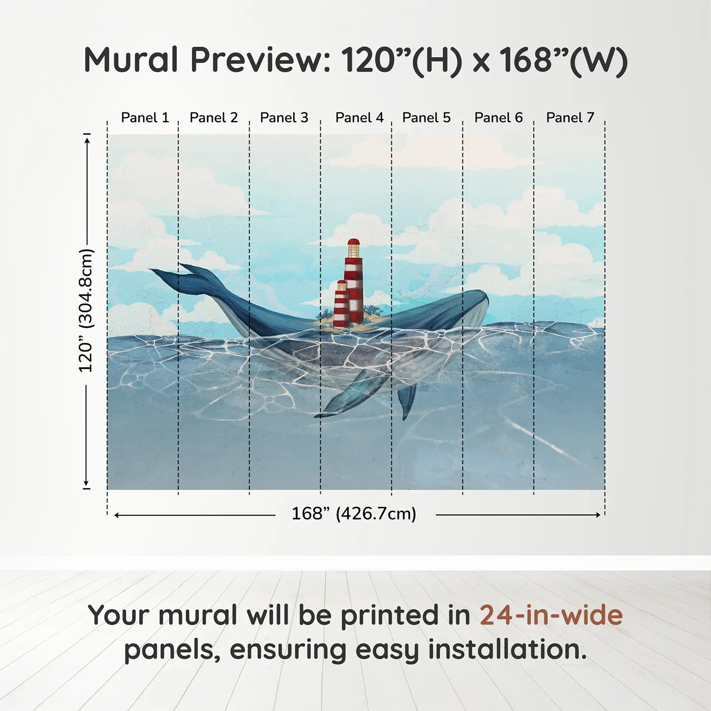 Whimsy Tots Whale Island Lighthouse Wall Muraldimension view (120" H x 168" W). Printed in seven 24-inch-wide panels. Gender-Neutral