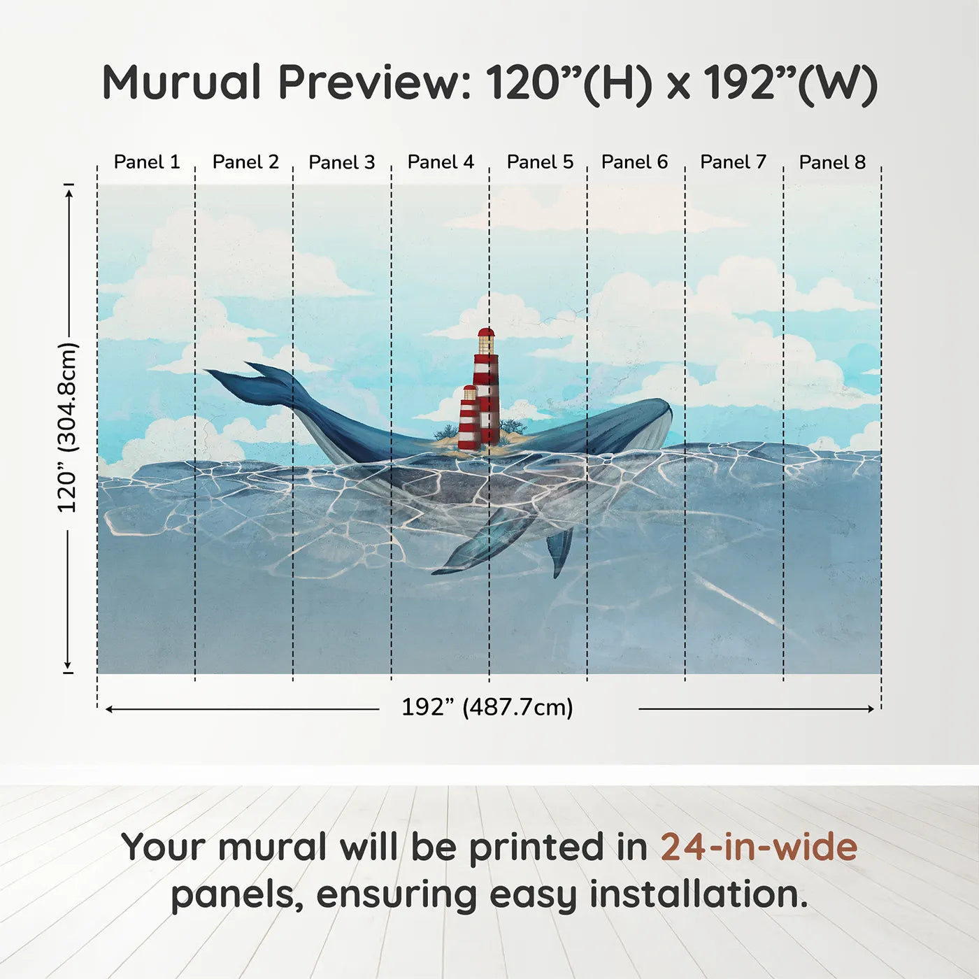 Whimsy Tots Whale Island Lighthouse Wall Muraldimension view (120" H x 192" W). Printed in eight 24-inch-wide panels. Gender-Neutral