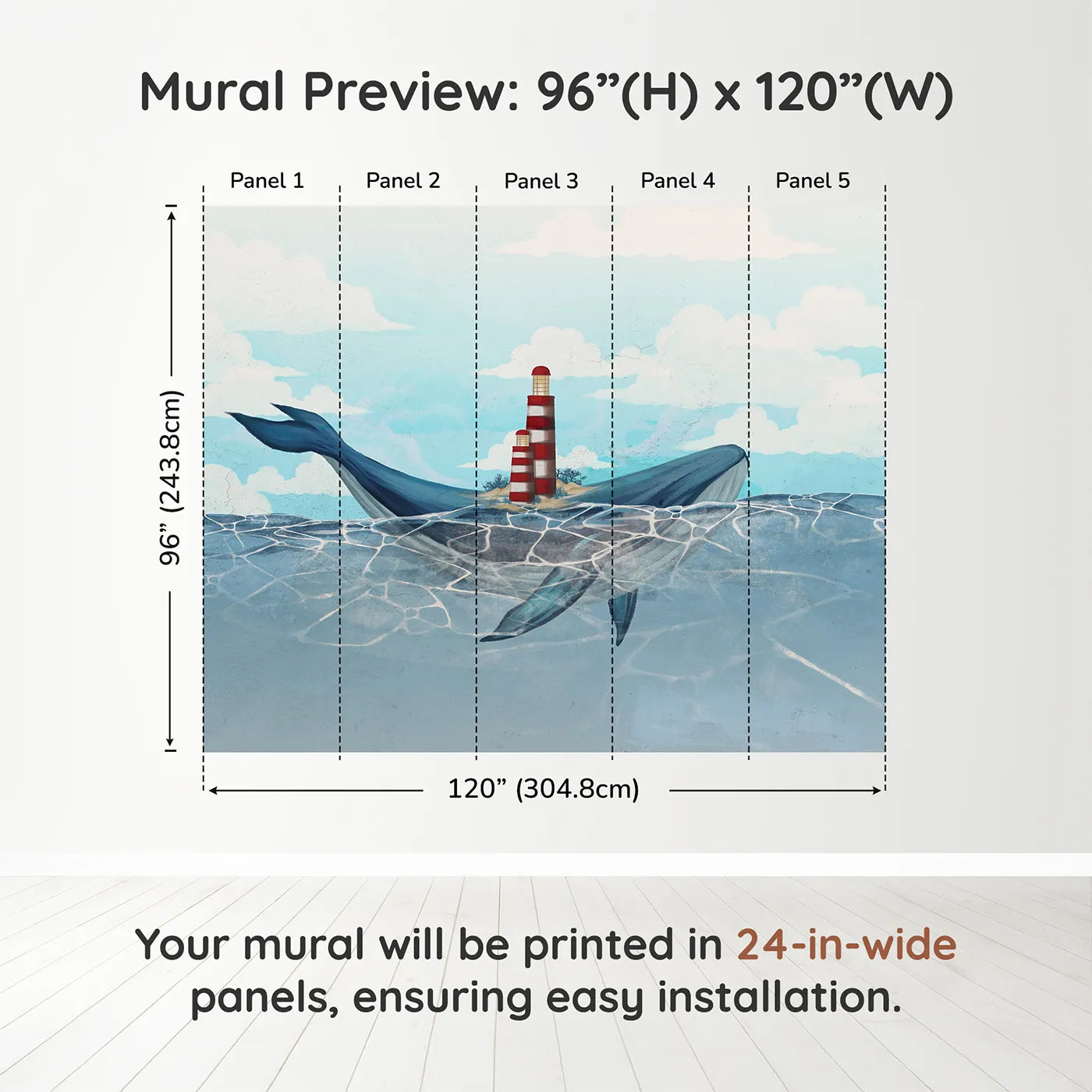 Whimsy Tots Whale Island Lighthouse Wall Muraldimension view (96" H x 120" W). Printed in five 24-inch-wide panels. Gender-Neutral