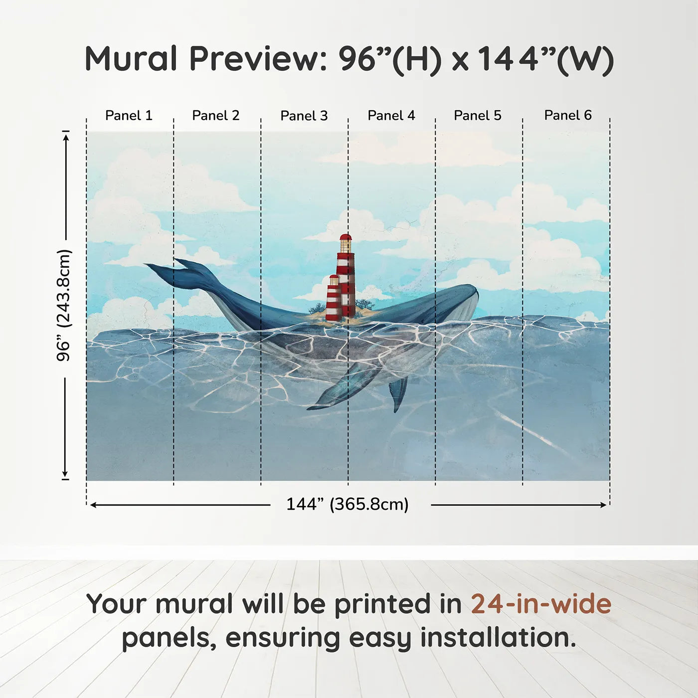 Whimsy Tots Whale Island Lighthouse Wall Muraldimension view (96" H x 144" W). Printed in six 24-inch-wide panels. Gender-Neutral