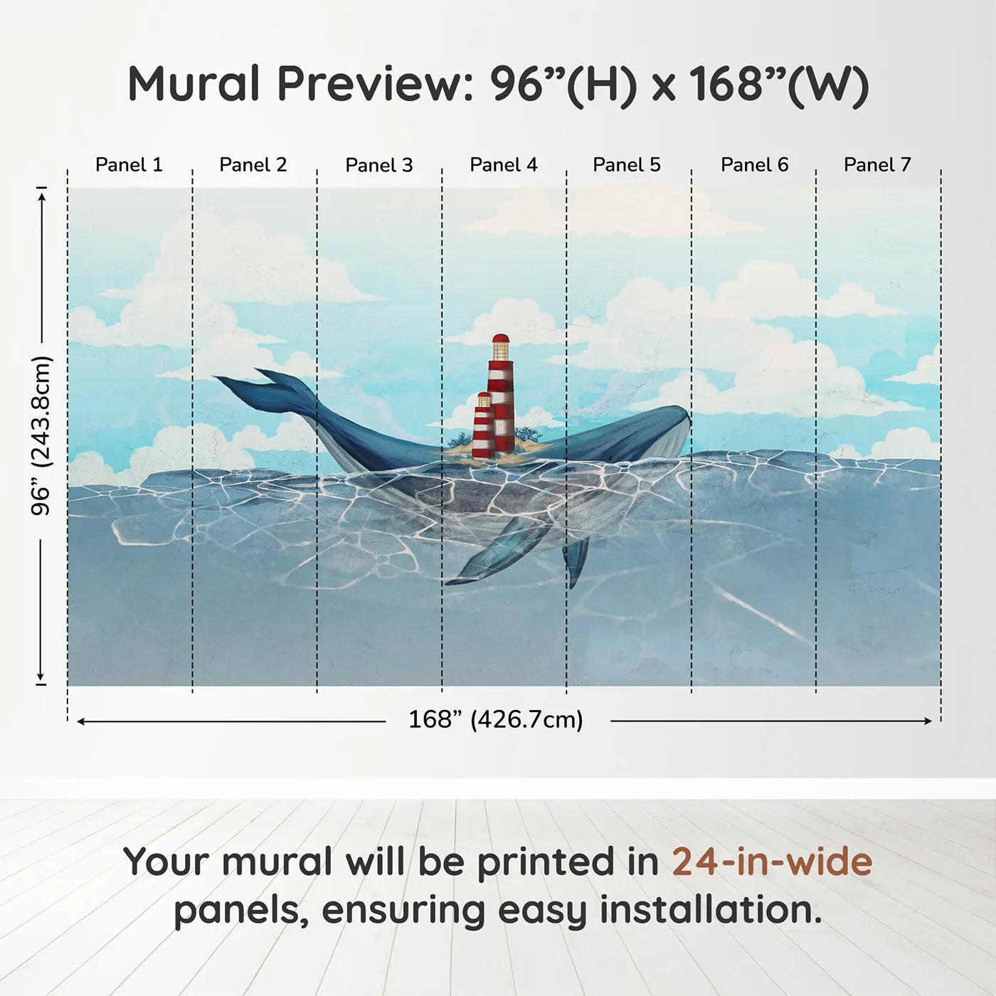 Whimsy Tots Whale Island Lighthouse Wall Muraldimension view (96" H x 168" W). Printed in seven 24-inch-wide panels. Gender-Neutral