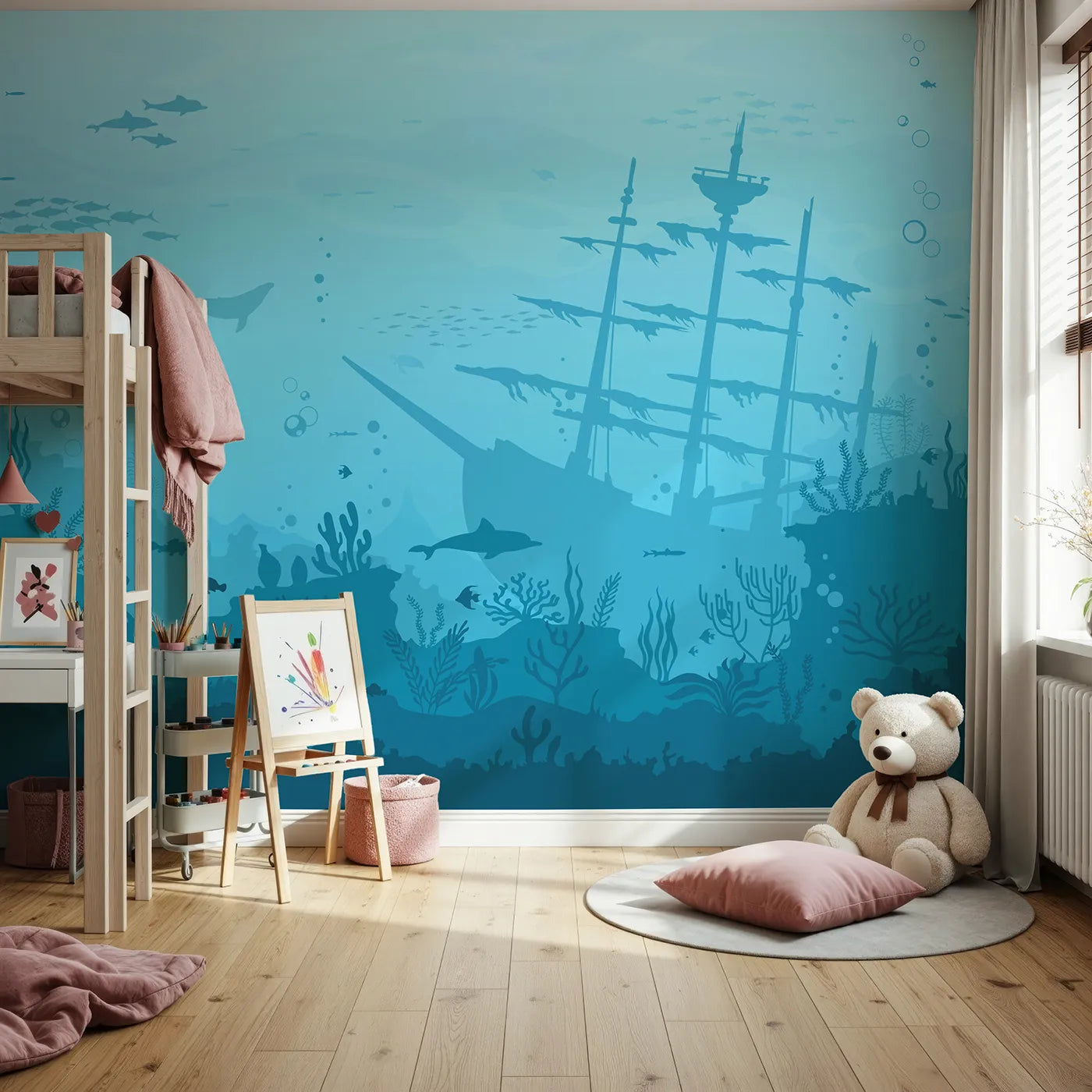 Front view of Whimsy Tots' Sunken Shipwreck Wall Mural