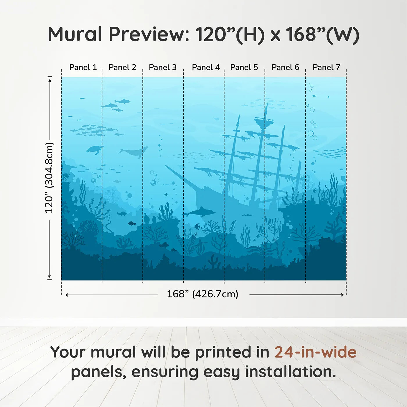 Whimsy Tots Sunken Shipwreck Wall Muraldimension view (120" H x 168" W). Printed in seven 24-inch-wide panels. Gender-Neutral