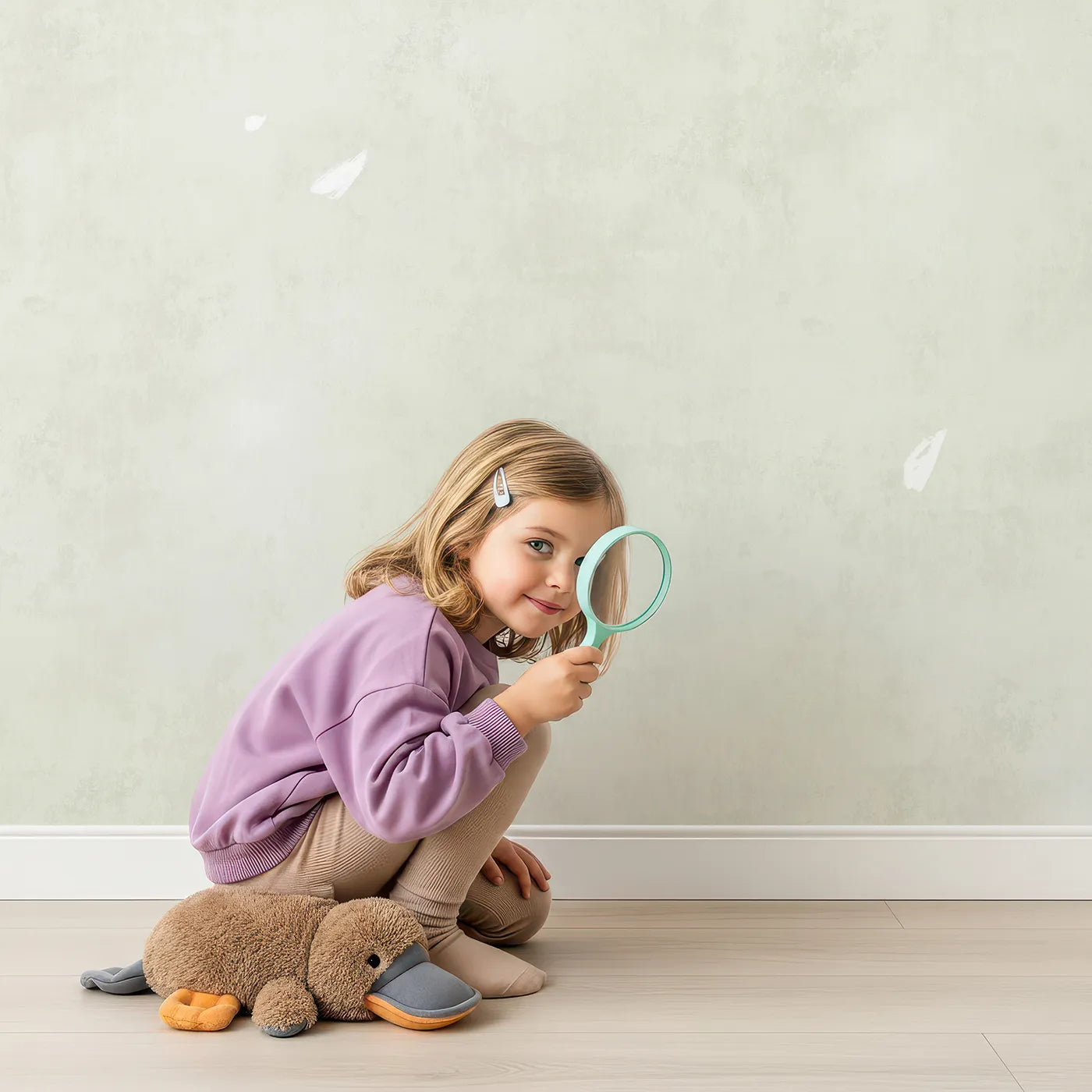 Child in front of Whimsy Tots White Blossom Canopy Wall Mural with flower, blossom, tree, white, spring, painterly, nature, canopy in design.