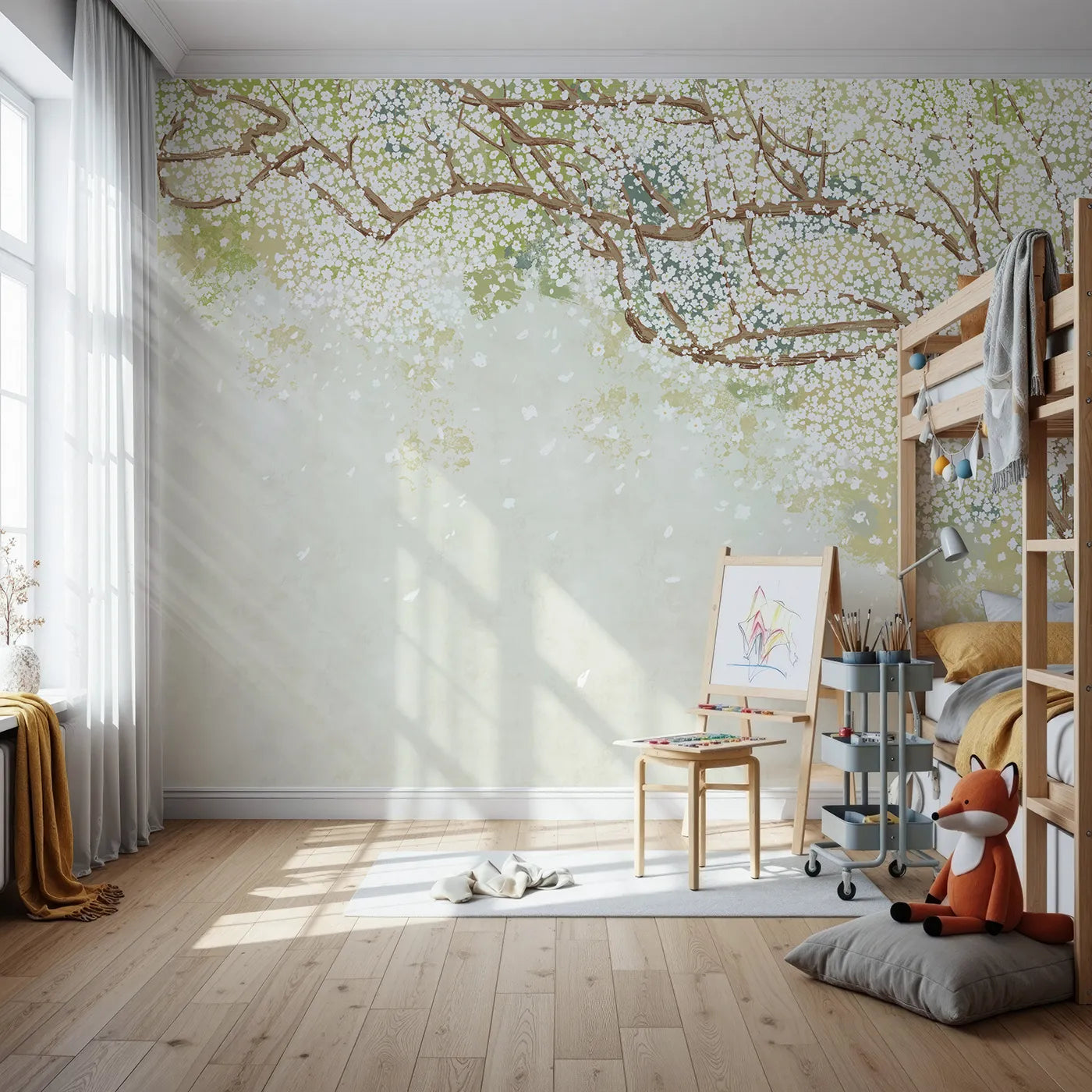 Front view of Whimsy Tots' White Blossom Canopy Wall Mural