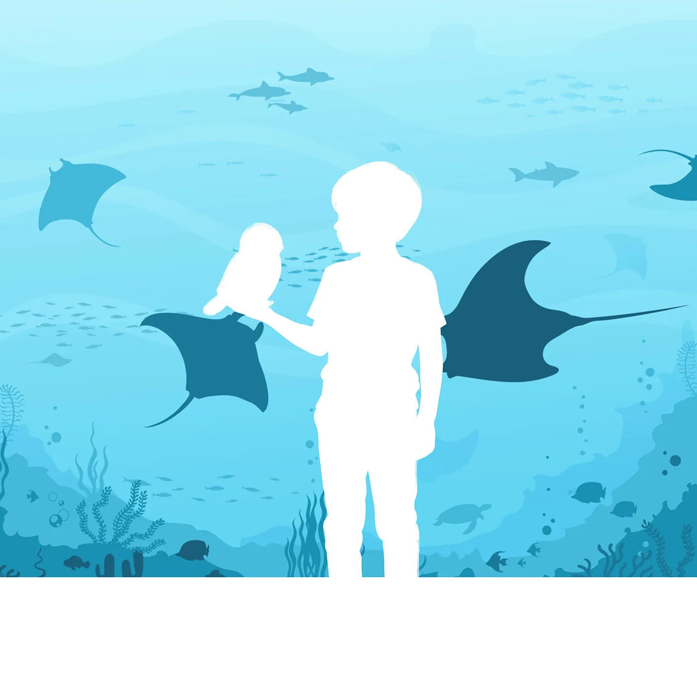 Child in front of Whimsy Tots Manta Ray Migration Wall Mural with manta ray, stingray, ocean, sea, underwater, silhouette, blue, fish in design.