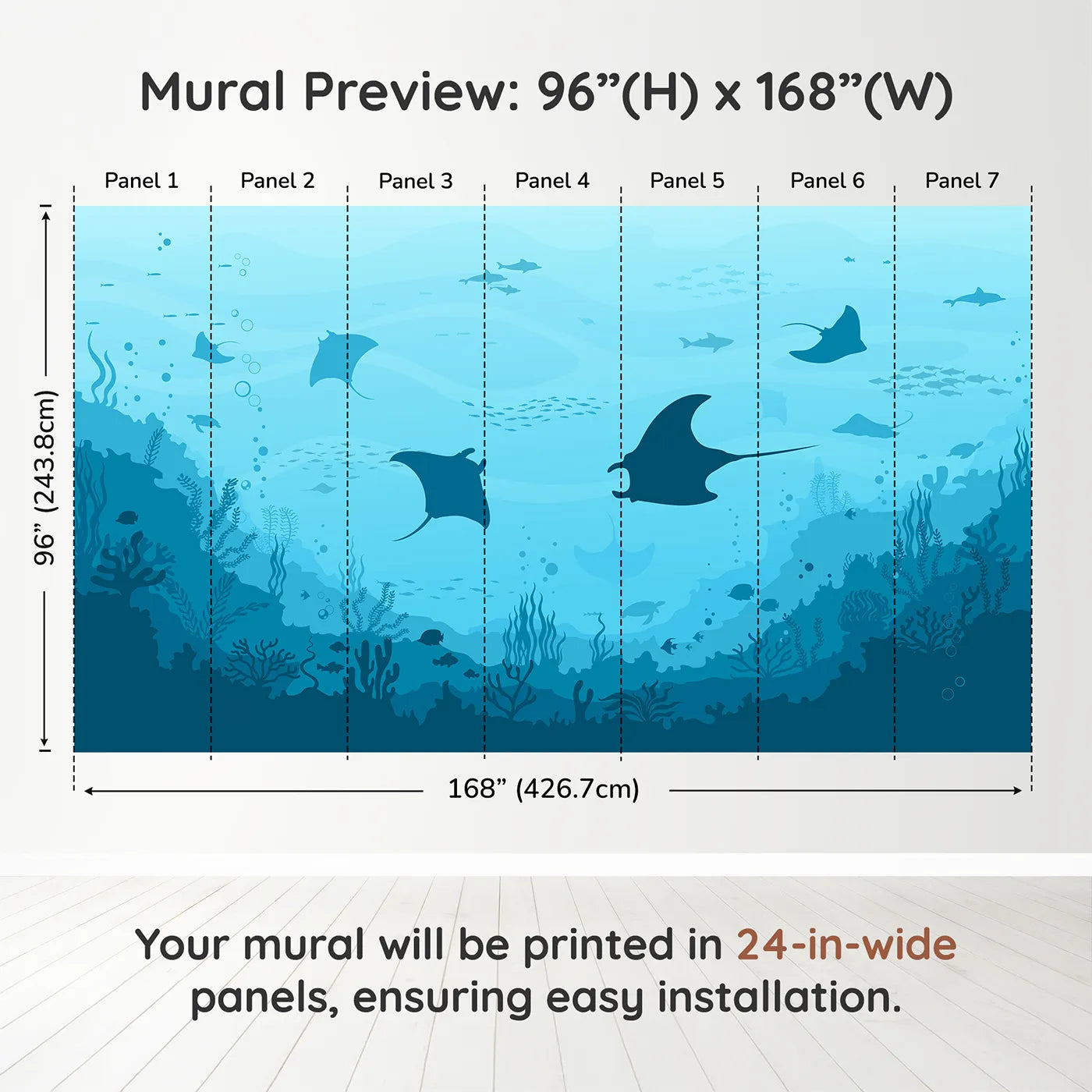 Whimsy Tots Manta Ray Migration Wall Muraldimension view (96" H x 168" W). Printed in seven 24-inch-wide panels. Gender-Neutral