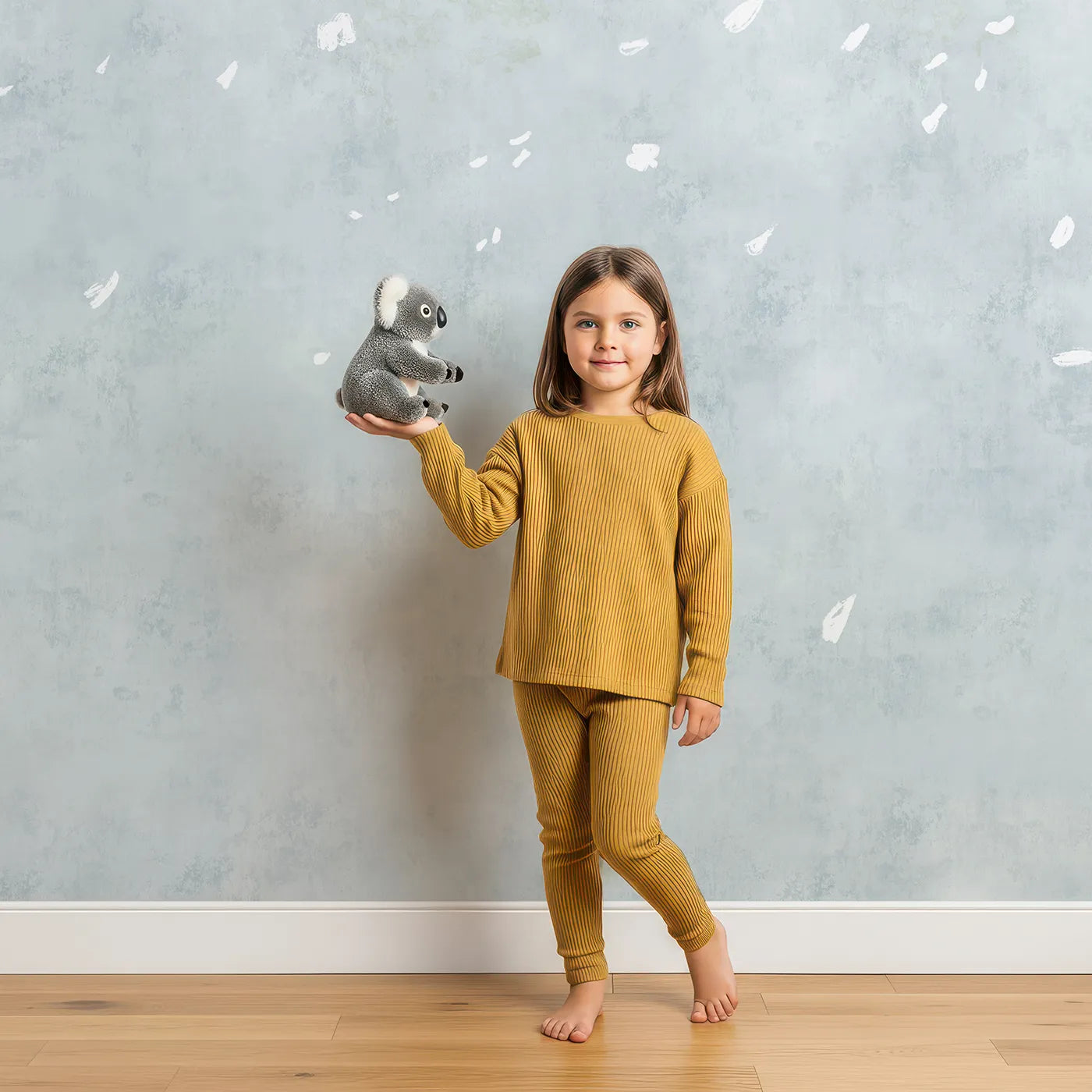 Child in front of Whimsy Tots White Blossom Sky Wall Mural with flower, blossom, tree, petal, white, sky, spring, painterly in design.