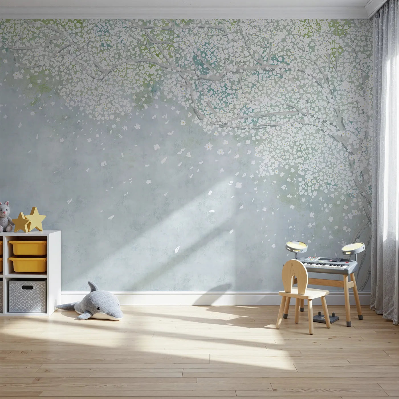Front view of Whimsy Tots' White Blossom Sky Wall Mural