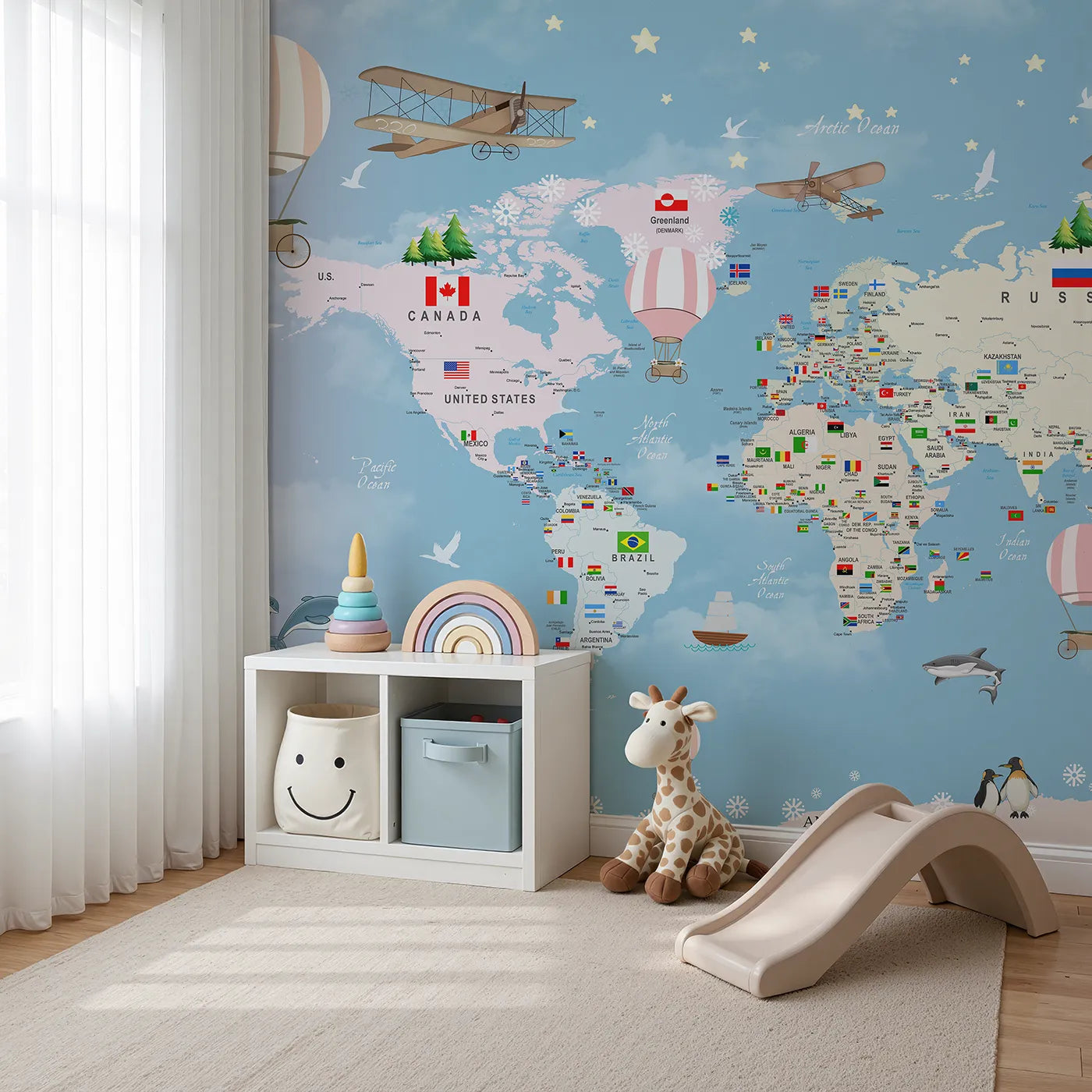 Angled view of Whimsy Tots' Flags of the World Map Wall Mural in Pink (Turn Their Room into a Global Celebration).Gender-Neutral