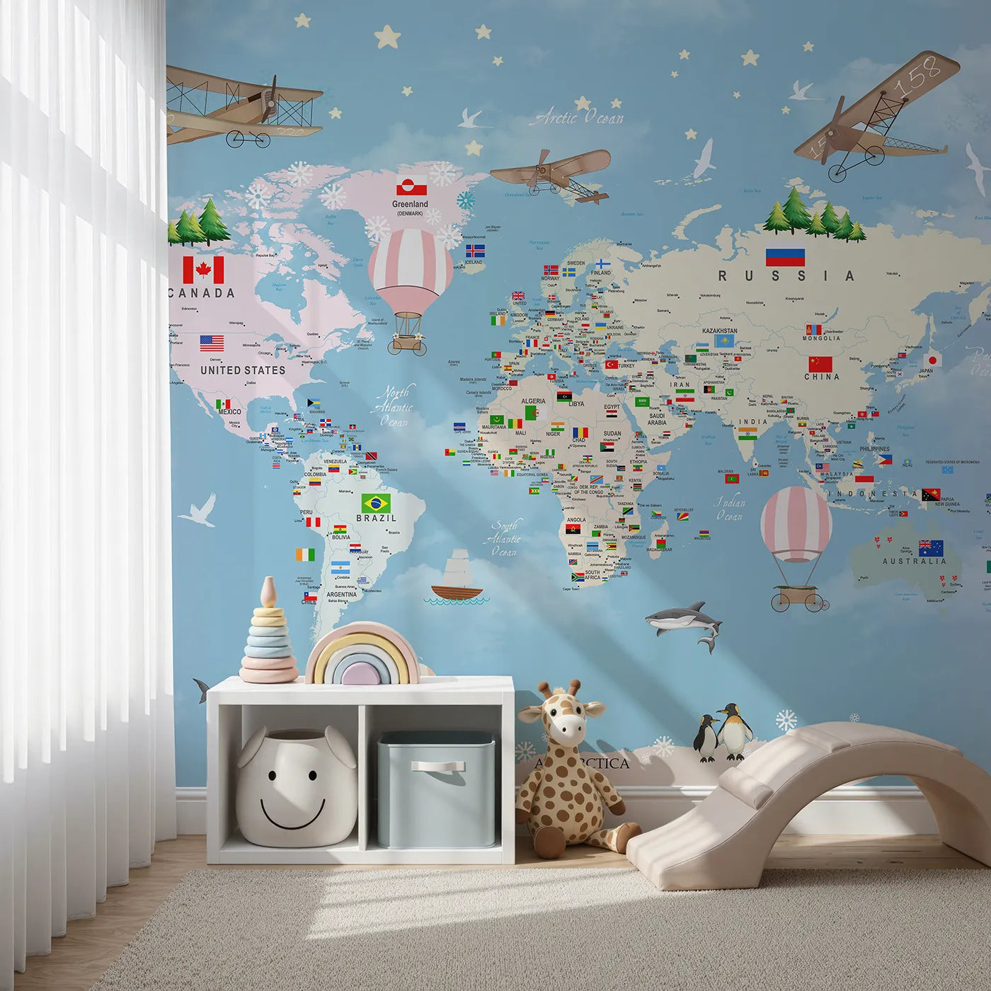 Front view of Whimsy Tots' Flags of the World Map Wall Mural in Pink