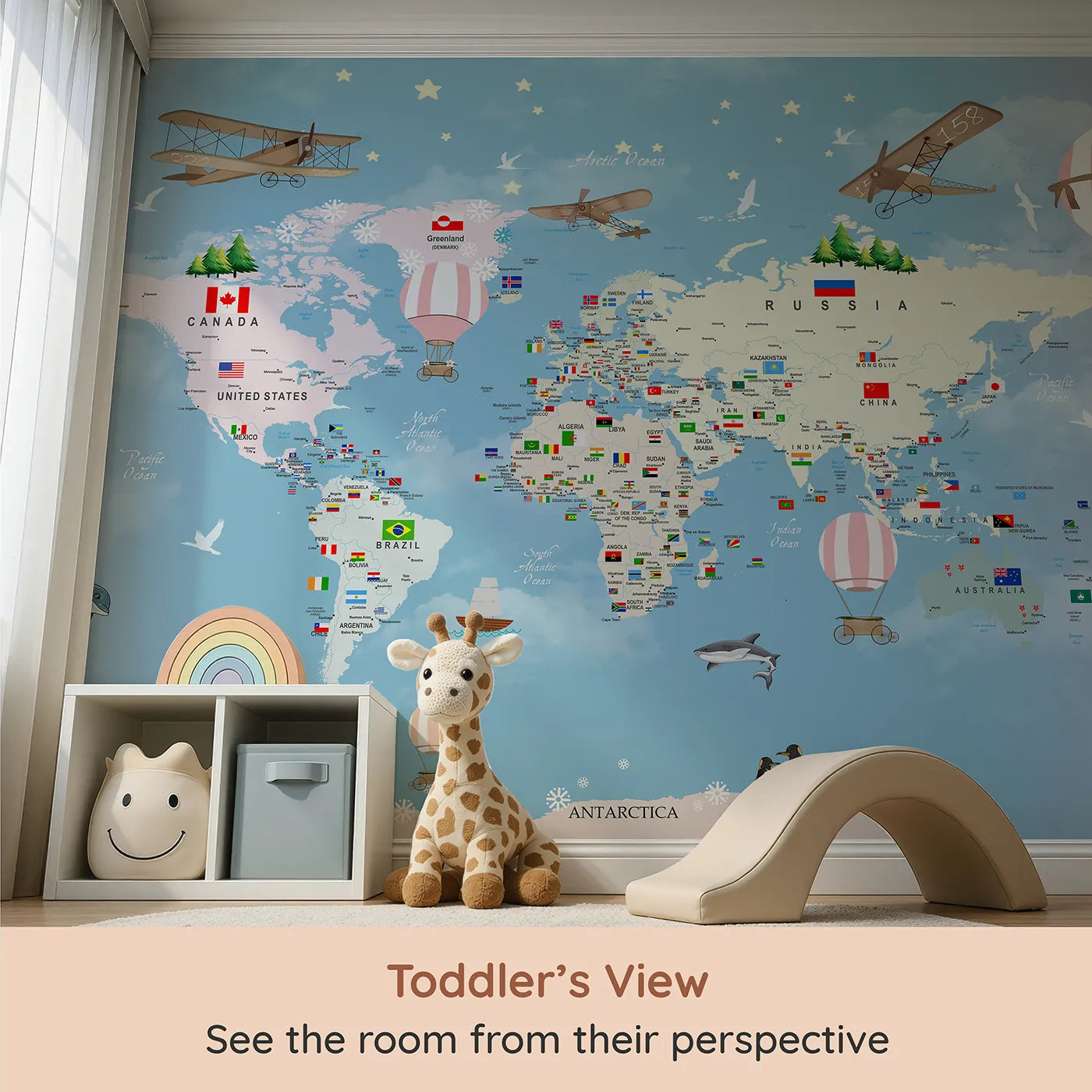 Whimsy Tots Flags of the World Map Wall Mural in Pink (Turn Their Room into a Global Celebration) from your child's view.Gender-Neutral