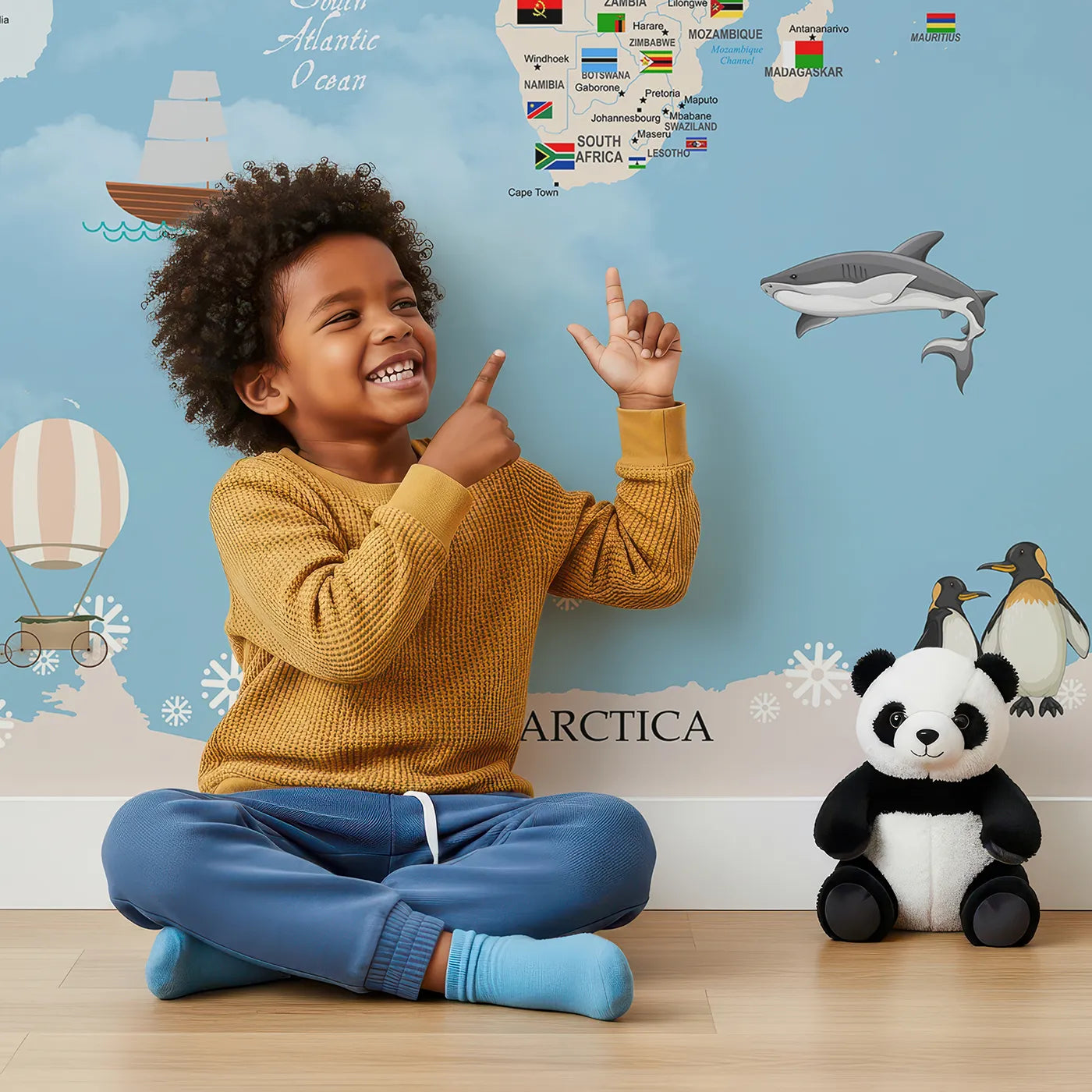 Child in front of Whimsy Tots Flags of the World Map Wall Mural in Pink with map, world, flag, country, travel, educational, airplane, balloon in design.