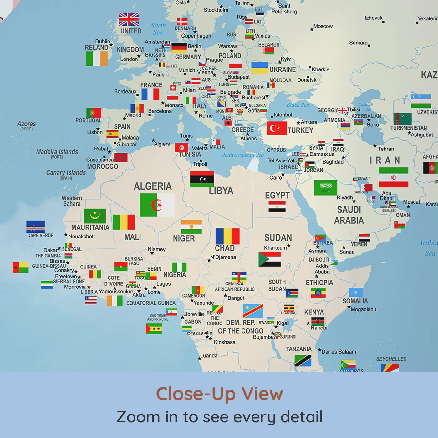 Close-up view of Whimsy Tots' Flags of the World Map Wall Mural in Pink (Turn Their Room into a Global Celebration).Gender-Neutral
