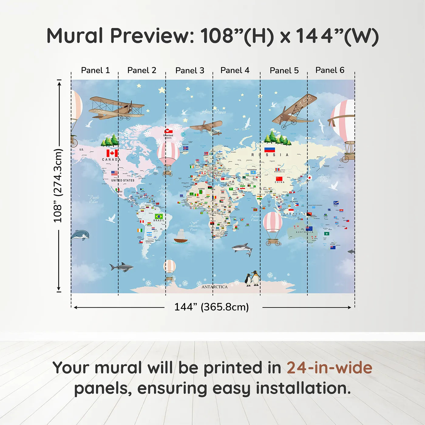 Whimsy Tots Flags of the World Map Wall Mural in Pinkdimension view (108" H x 144" W). Printed in six 24-inch-wide panels. Gender-Neutral