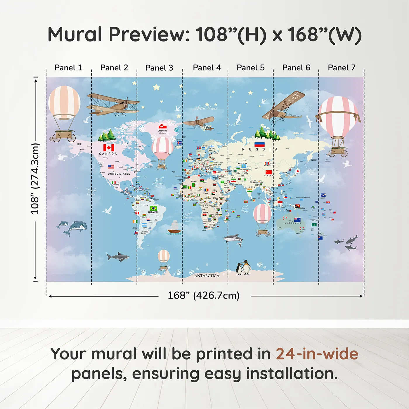 Whimsy Tots Flags of the World Map Wall Mural in Pinkdimension view (108" H x 168" W). Printed in seven 24-inch-wide panels. Gender-Neutral