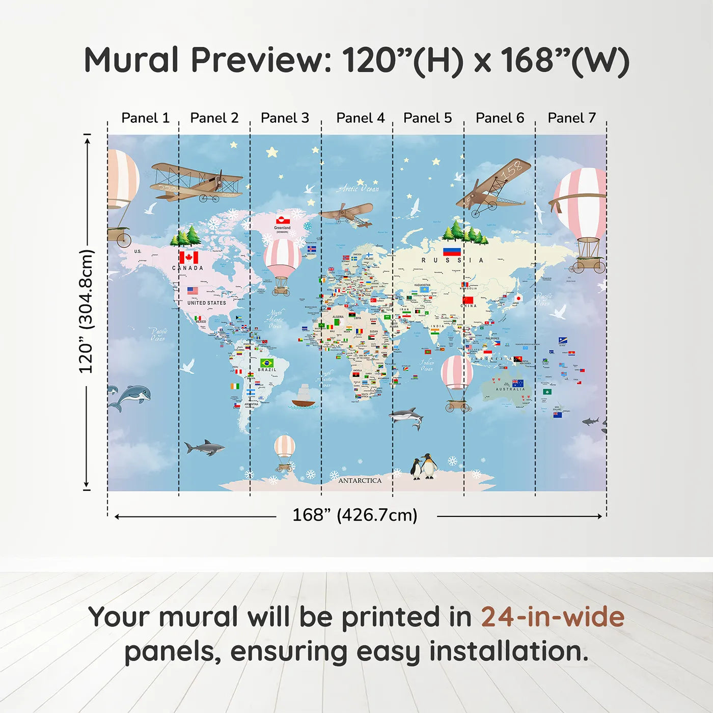 Whimsy Tots Flags of the World Map Wall Mural in Pinkdimension view (120" H x 168" W). Printed in seven 24-inch-wide panels. Gender-Neutral