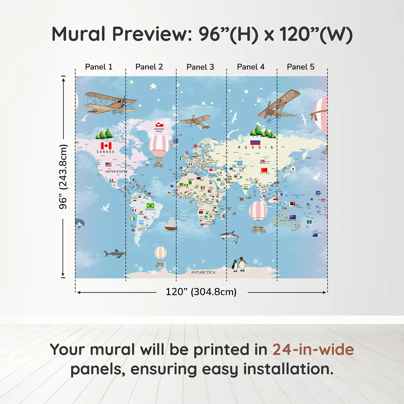 Whimsy Tots Flags of the World Map Wall Mural in Pinkdimension view (96" H x 120" W). Printed in five 24-inch-wide panels. Gender-Neutral