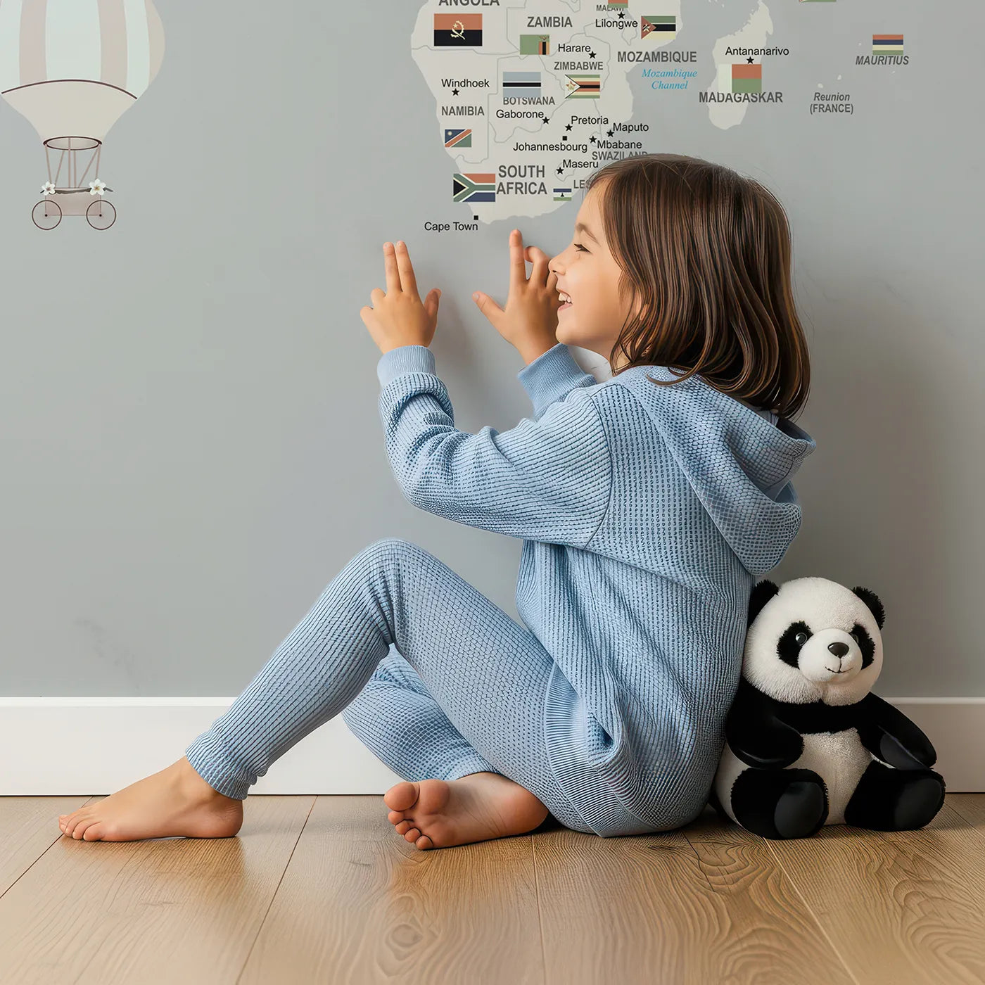 Child in front of Whimsy Tots Vintage World Map with Flags Wall Mural with map, world, flag, vintage, travel, country, educational, airplane in design.