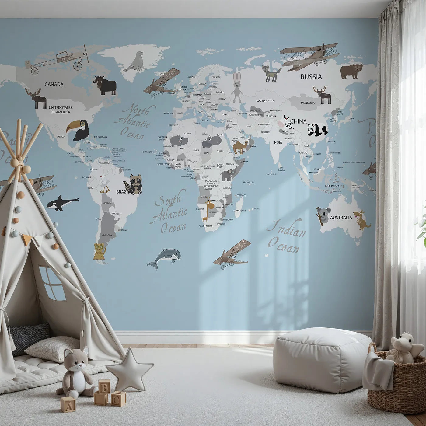 Front view of Whimsy Tots' Vintage Animal Aviator World Map Wall Mural