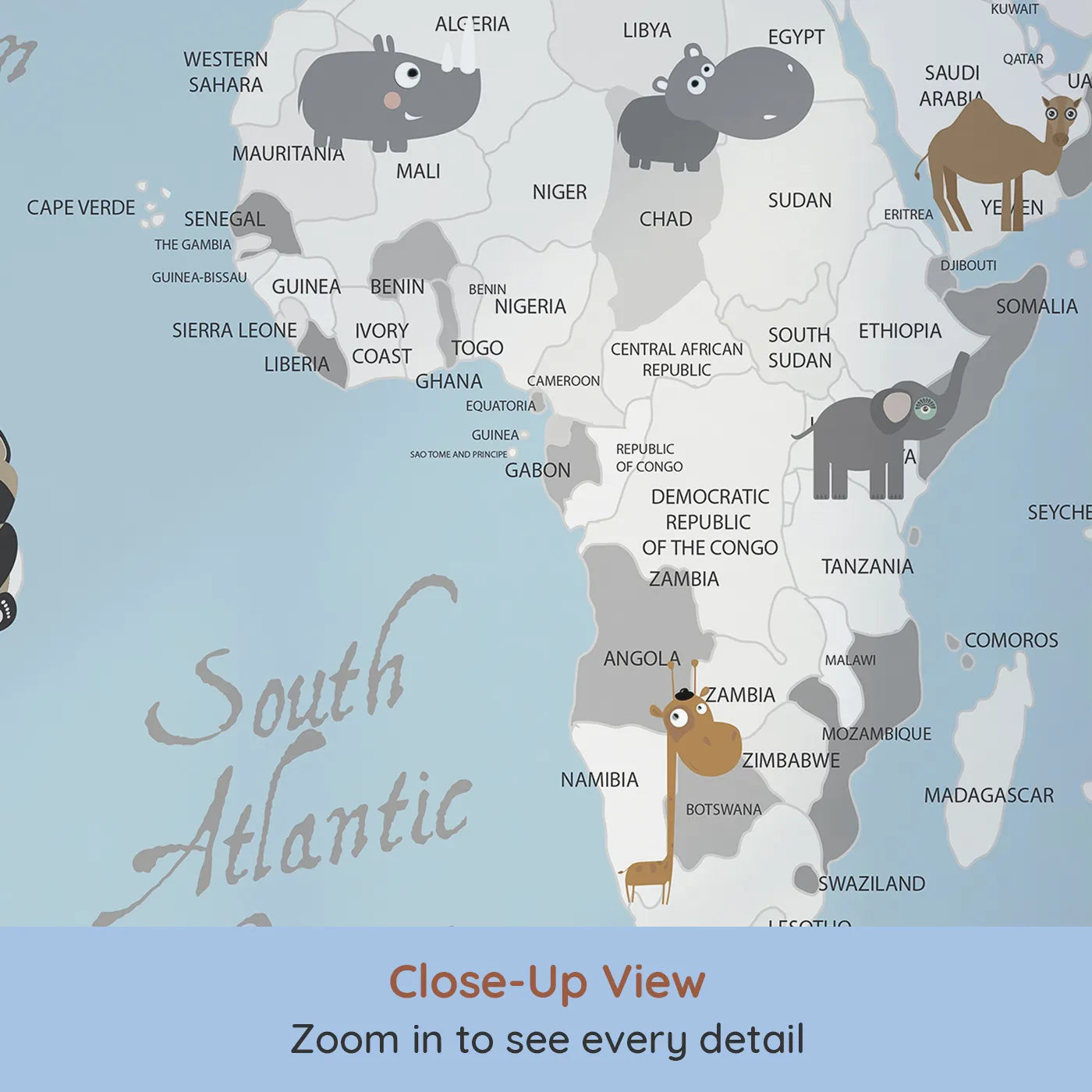 Close-up view of Whimsy Tots' Vintage Animal Aviator World Map Wall Mural (Turn Their Room into a Whimsical World Tour).Gender-Neutral