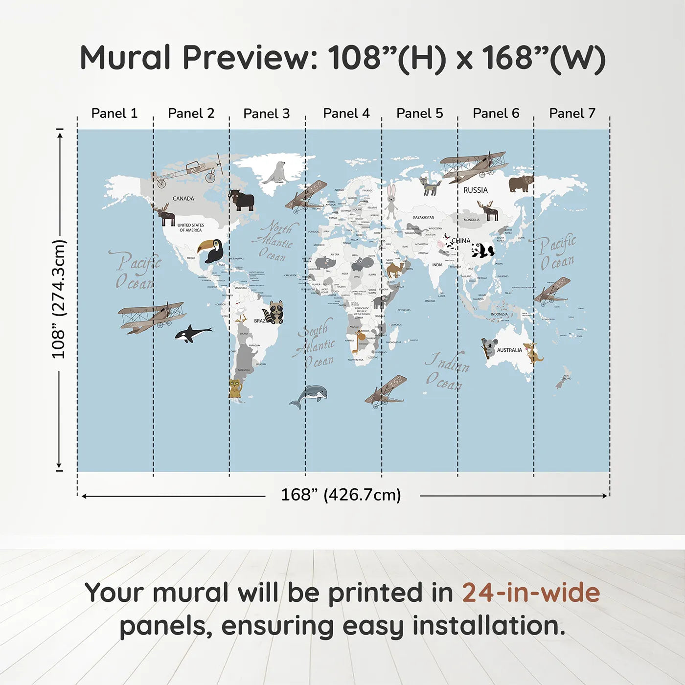 Whimsy Tots Vintage Animal Aviator World Map Wall Muraldimension view (108" H x 168" W). Printed in seven 24-inch-wide panels. Gender-Neutral