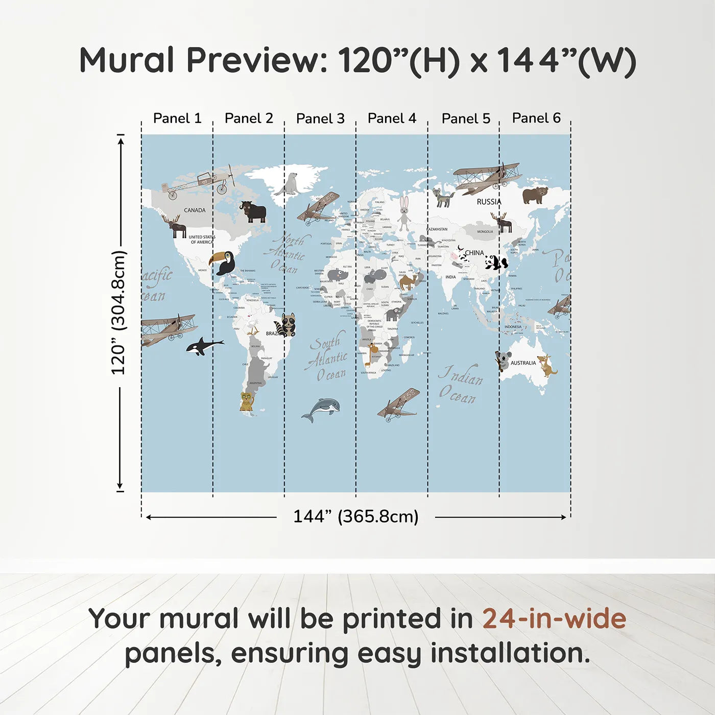 Whimsy Tots Vintage Animal Aviator World Map Wall Muraldimension view (120" H x 144" W). Printed in six 24-inch-wide panels. Gender-Neutral