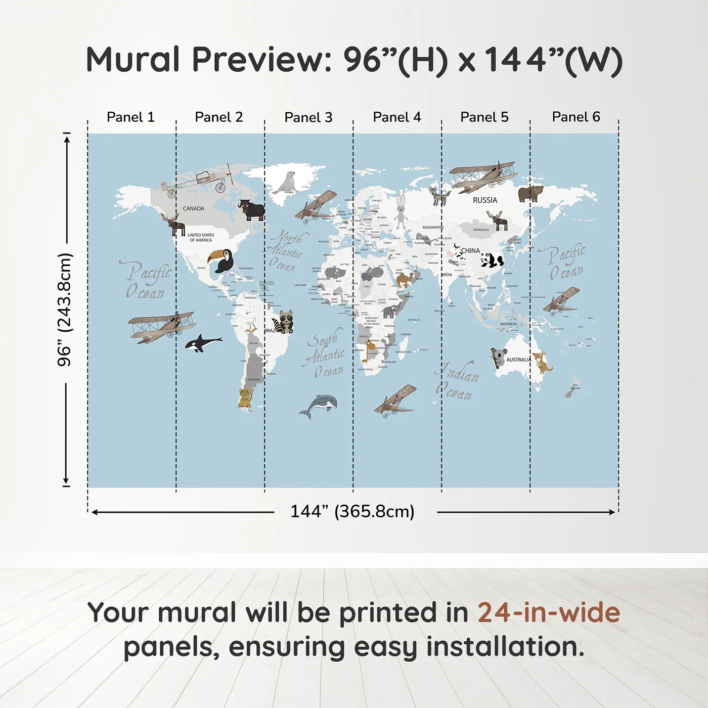 Whimsy Tots Vintage Animal Aviator World Map Wall Muraldimension view (96" H x 144" W). Printed in six 24-inch-wide panels. Gender-Neutral