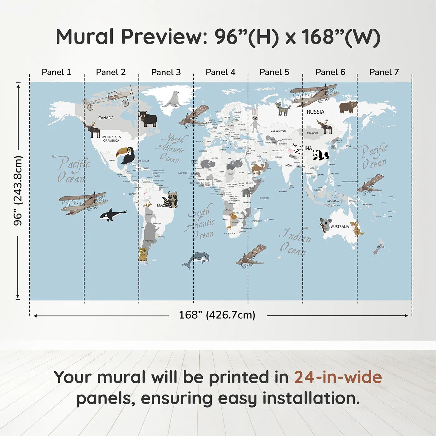 Whimsy Tots Vintage Animal Aviator World Map Wall Muraldimension view (96" H x 168" W). Printed in seven 24-inch-wide panels. Gender-Neutral